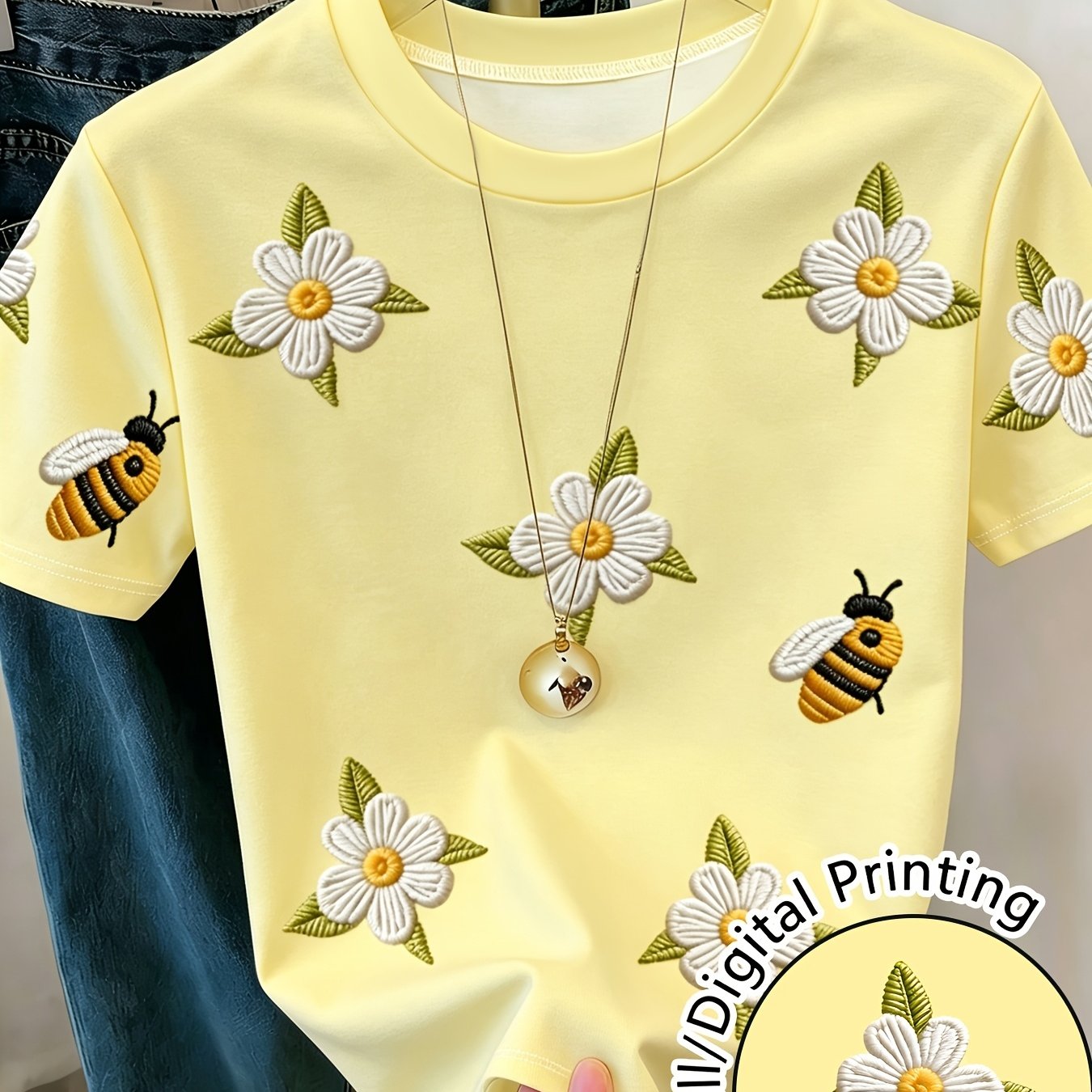 TEMU Cream Daisy Bee Women's Printed Round Neck Short Sleeve T-shirt Summer Versatile Slim Fit