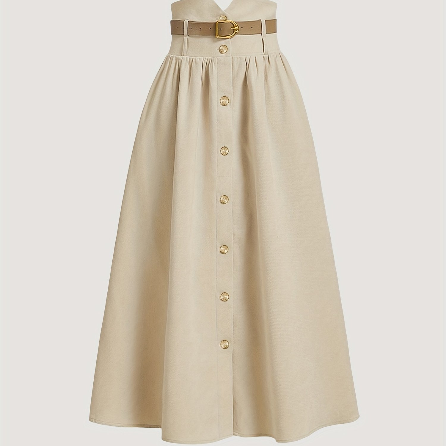 Image of Versatile, Fashionable, And Elegant High-waist Pleated Long-length Pleated Skirt With Ear-style Flap Pockets, Back Waist Wrap Detail, And Belt, Ns702