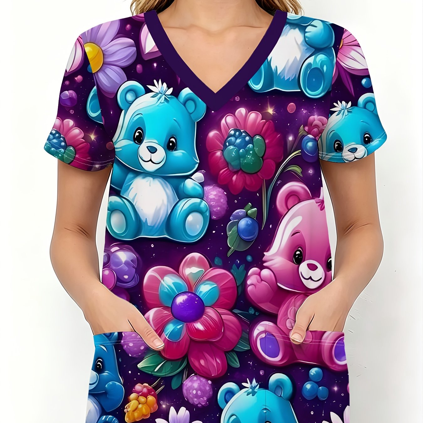 TEMU A Women's Short-sleeve Top With A V-neck And , A Fashionable Ladies' T-shirt Featuring A Cute Bear And Colorful Floral Pattern Print. This