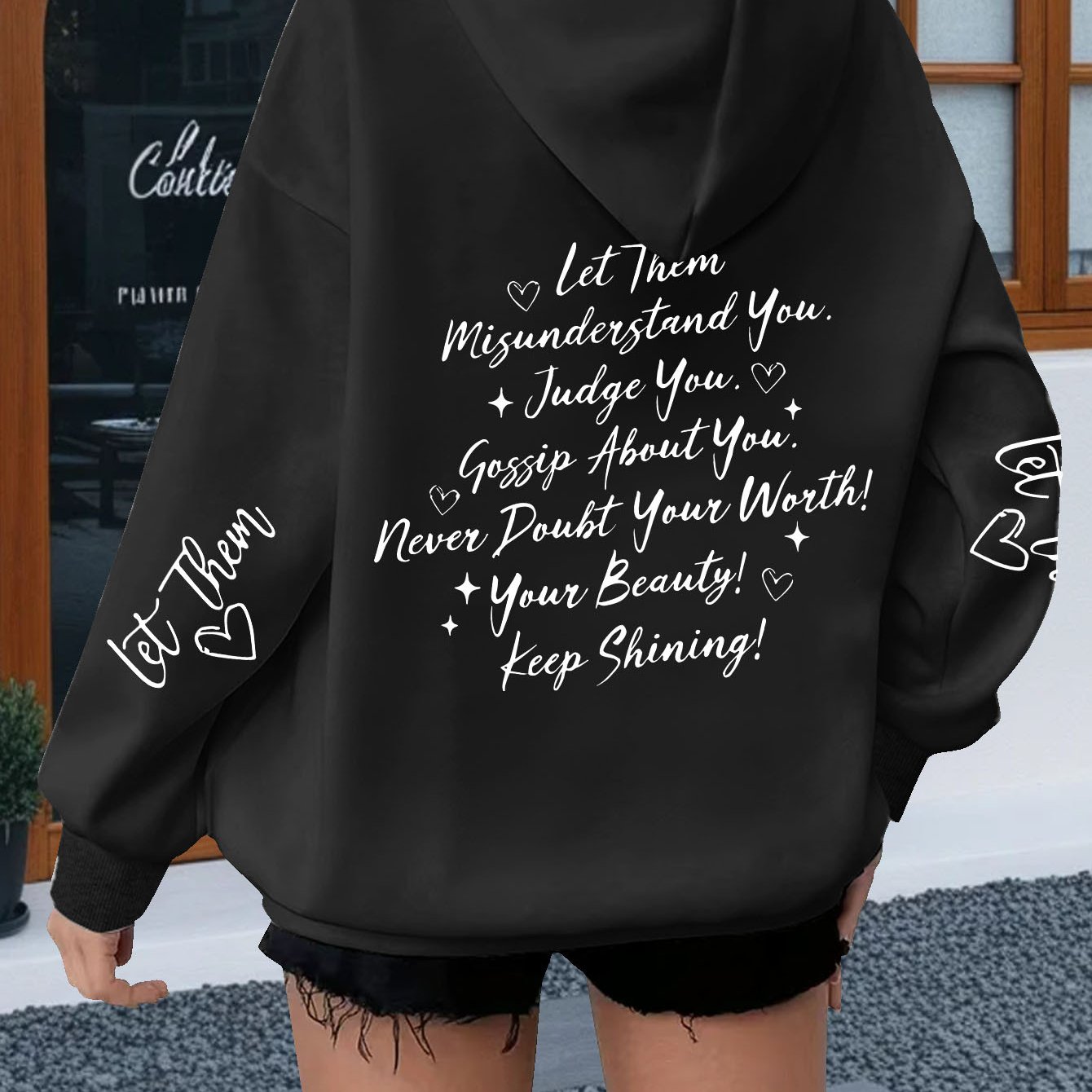TEMU Plus Size, Plus Size Women's Inspirational English Heart And Star Loose Hooded Sweatshirt