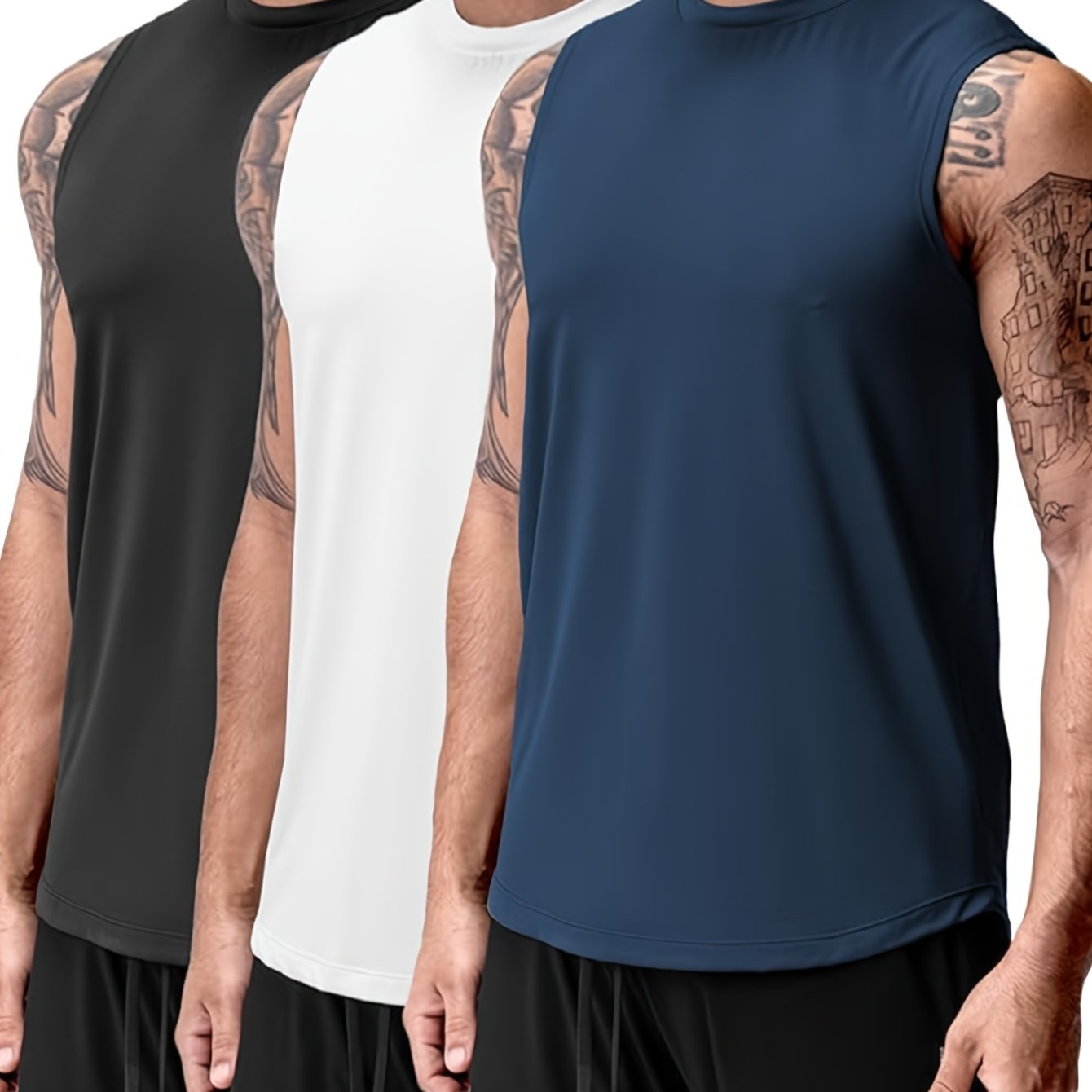 TEMU Conjunto de 3 camisetas de tirantes atléticas para hombre, de secado rápido y transpirables, sin , de tela de poliéster , cuello regular, para