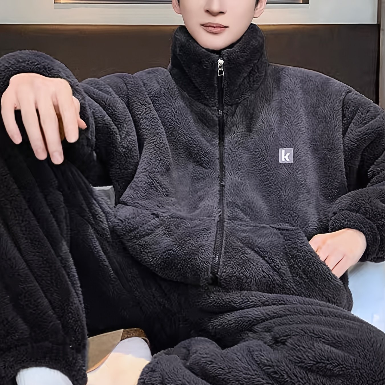 TEMU Men's Minimalist Style Casual Pajama Set, Warm Flannel Loungewear, Long-sleeve Crew Neck Top And Loose Pants Pajama Set, Autumn/winter Outdoor