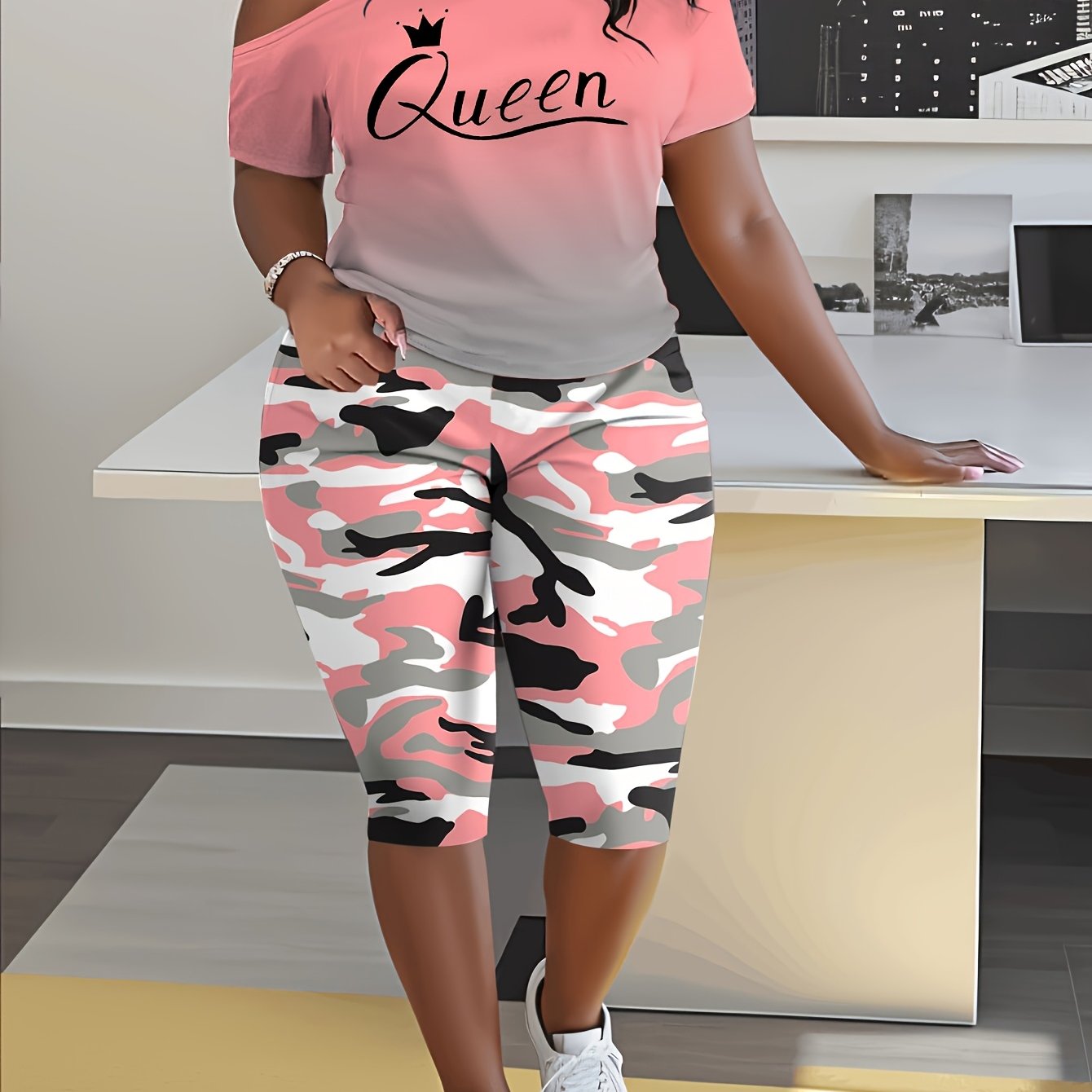TEMU Plus Size, Women's Plus Size Fashion 2pcs Set, Gradient Suspender Top With Queen Letter Print And Camouflage Capri Pants, Suitable For And Going