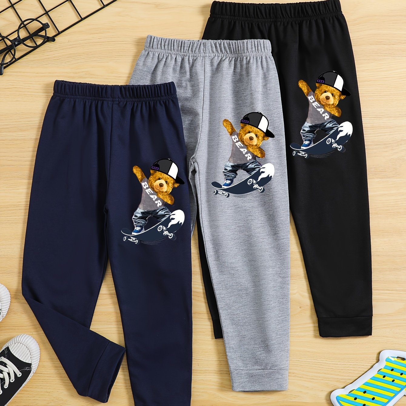 Image of Young Boy 3pcs Sports Pants Skateboard Bear Loose Trousers Kids Autumn Winter Daily Wear Bottoms, For Outdoor