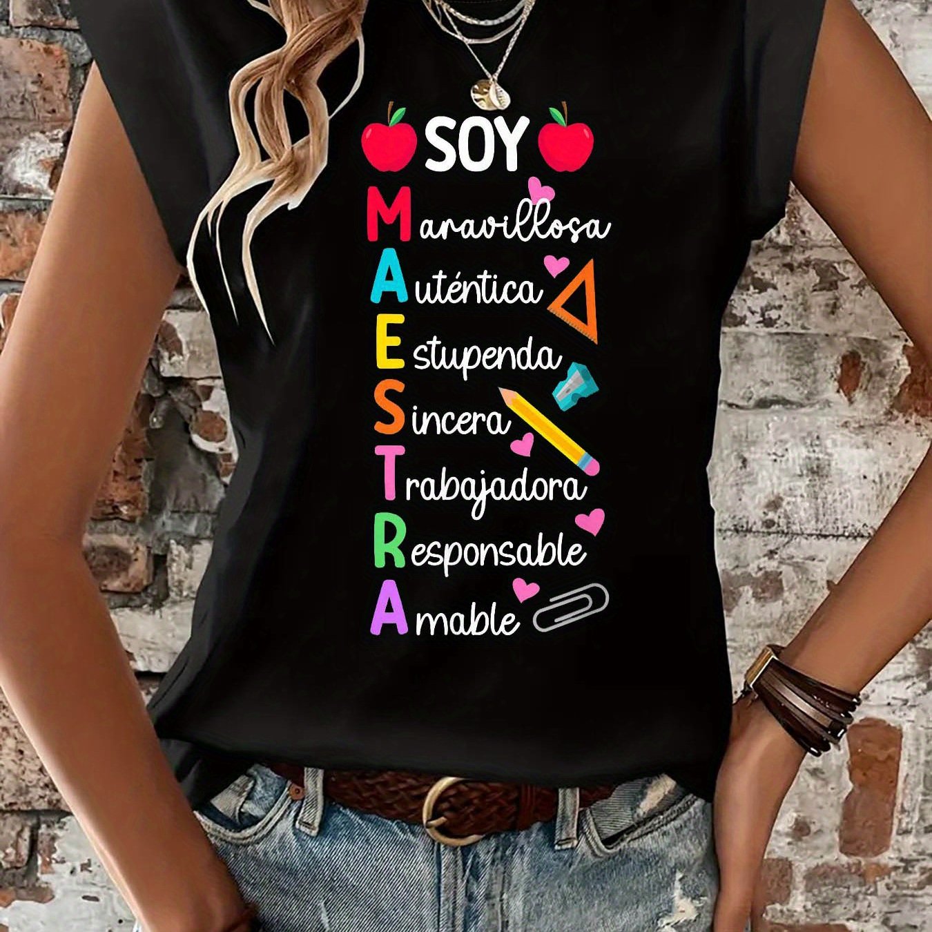 TEMU Camiseta con temática de : coloridas, a educadoras destacadas, Top casual de manga corta y cuello para verano y , Ropa de mujer