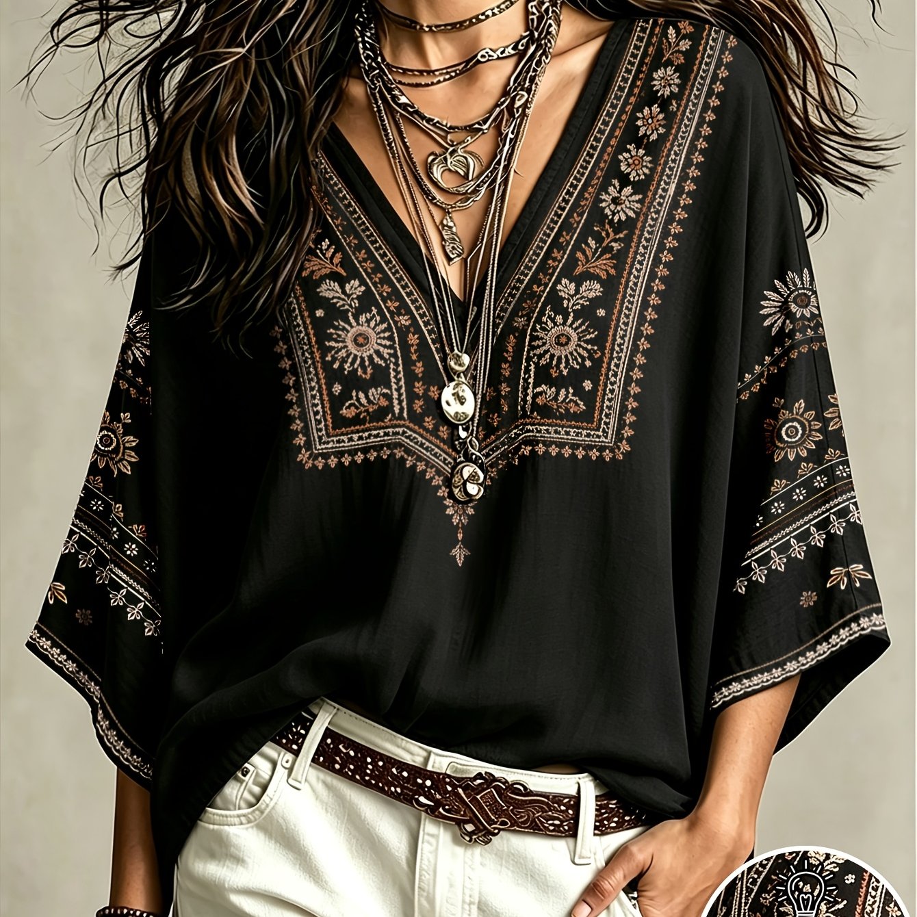TEMU Plus Size Women's Bohemian Vintage Floral Geometric Print V-neck T-shirt Loose Coverage Casual Versatile