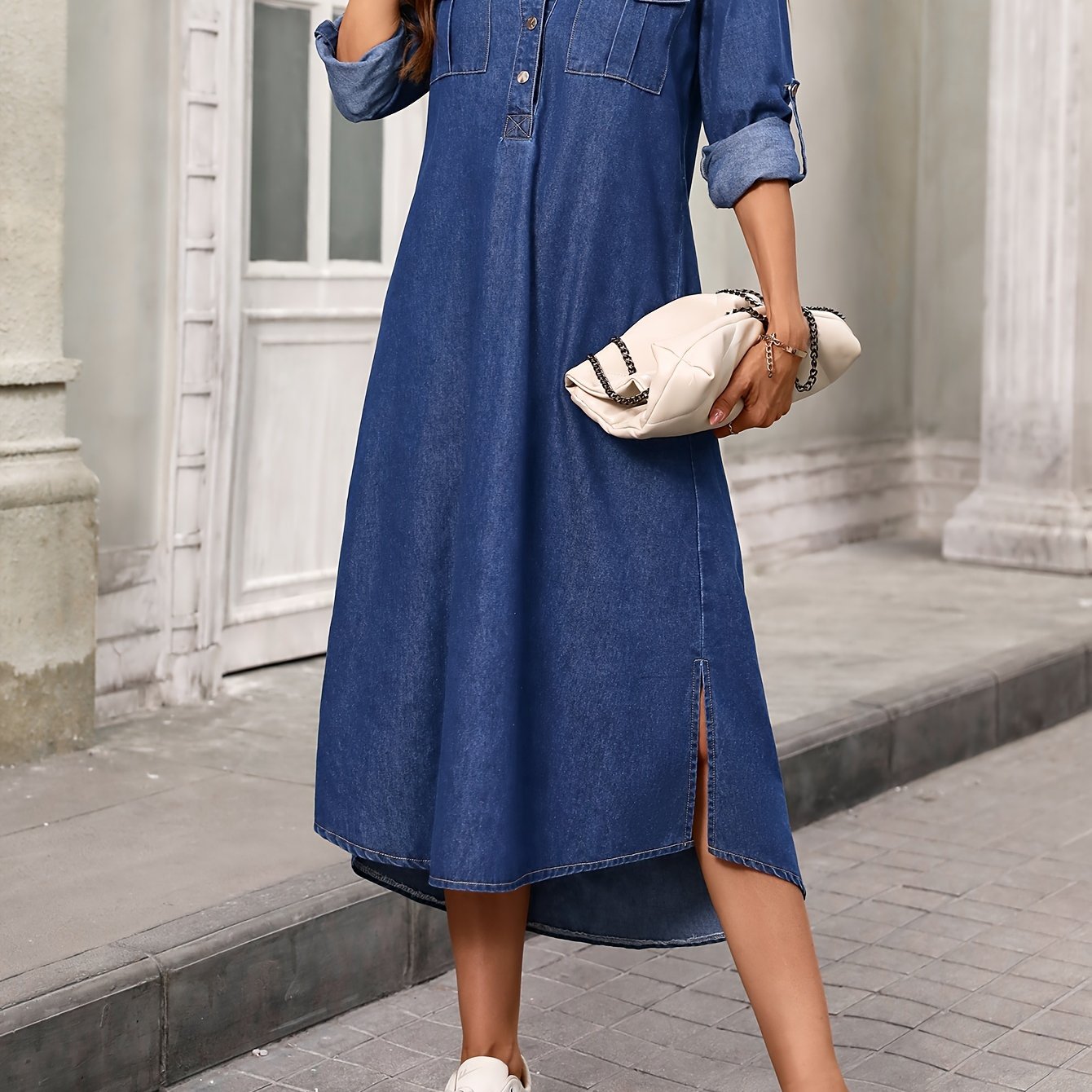 V-neck Loose High-waisted Long Denim Dress