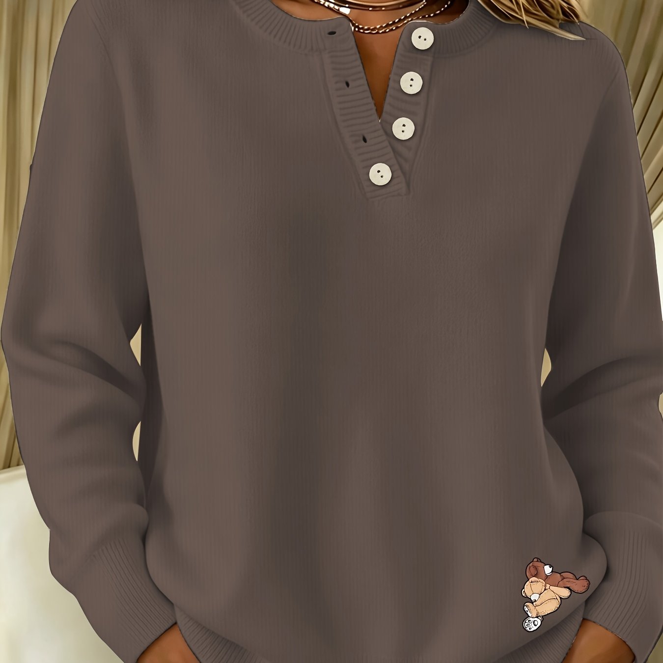 TEMU Women's Semi-button Sweater, Round Neck Long Sleeve Design With Cute Print, Trendy And Beautiful Pullover, Soft And Comfortable