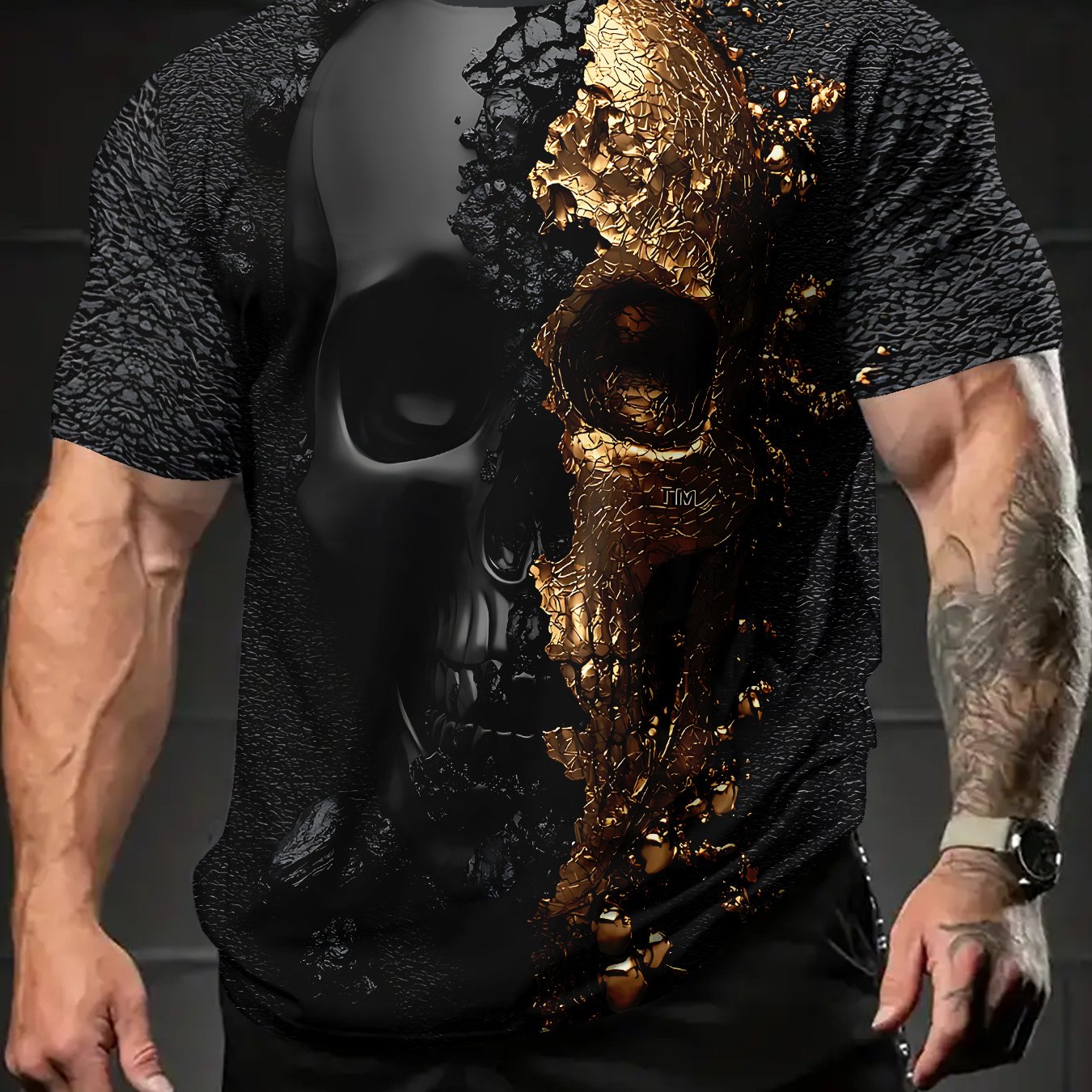 TEMU Men's 3d Digital Printing Black-golden Luxury Skull Themed Pattern T-shirt For Summer. Casual, Comfortable And Versatile Men's Round Neck