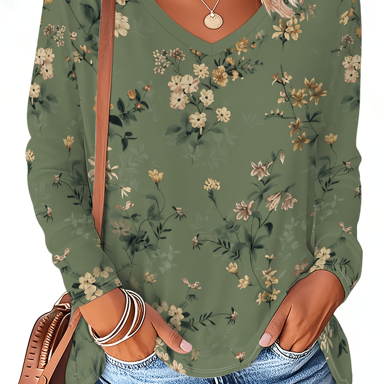 TEMU Plus Size - Women's Fashion Early Autumn New Style, Olive Green Vintage Light Yellow Floral Print V-neck Long Sleeve T-shirt, Early Autumn Thin
