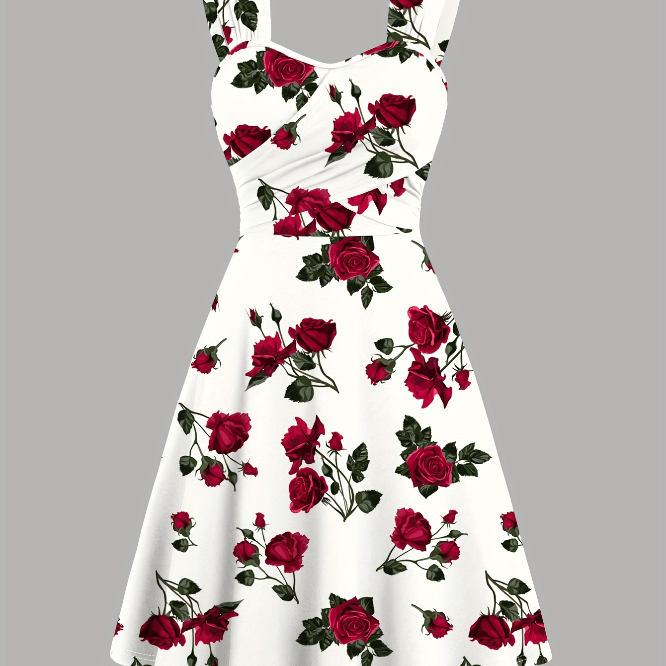 TEMU Plus Size - Plus Size - Plus Size Rose Print Dress, Retro Heart-shaped Collar Pleated Cross Shoulder Strap Waist A-line Skirt, 2026 Spring And