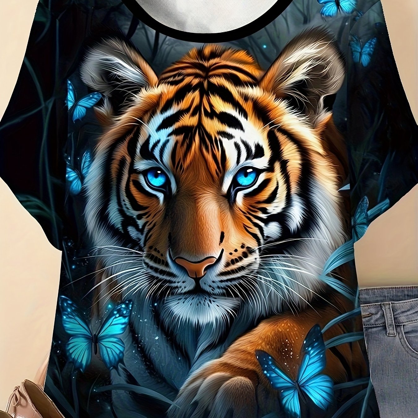 TEMU Plus Size - Plus Size - Plus Size Women's Round Neck T-shirt With Tiger And Floral Print - Short Sleeve, Casual Summer Top, Large Size T-shirt