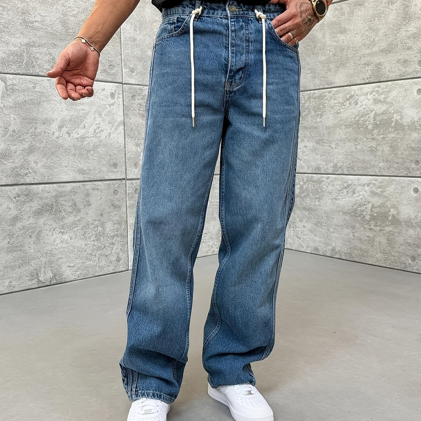 Side Stripe Detail Loose Jeans, Washed Blue