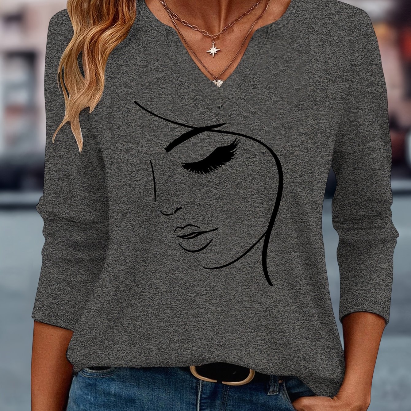 TEMU Fashionable And Chic Abstract Face Pattern Print European And Women' Simple Comfortable Casual V-neck Three-quarter Sleeve T-shirt