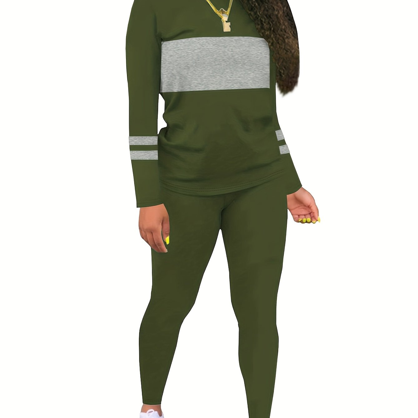 TEMU Ensemble femme automne-hiver élégant, haut à col rond color block avec manchons, associé à un pantalon long