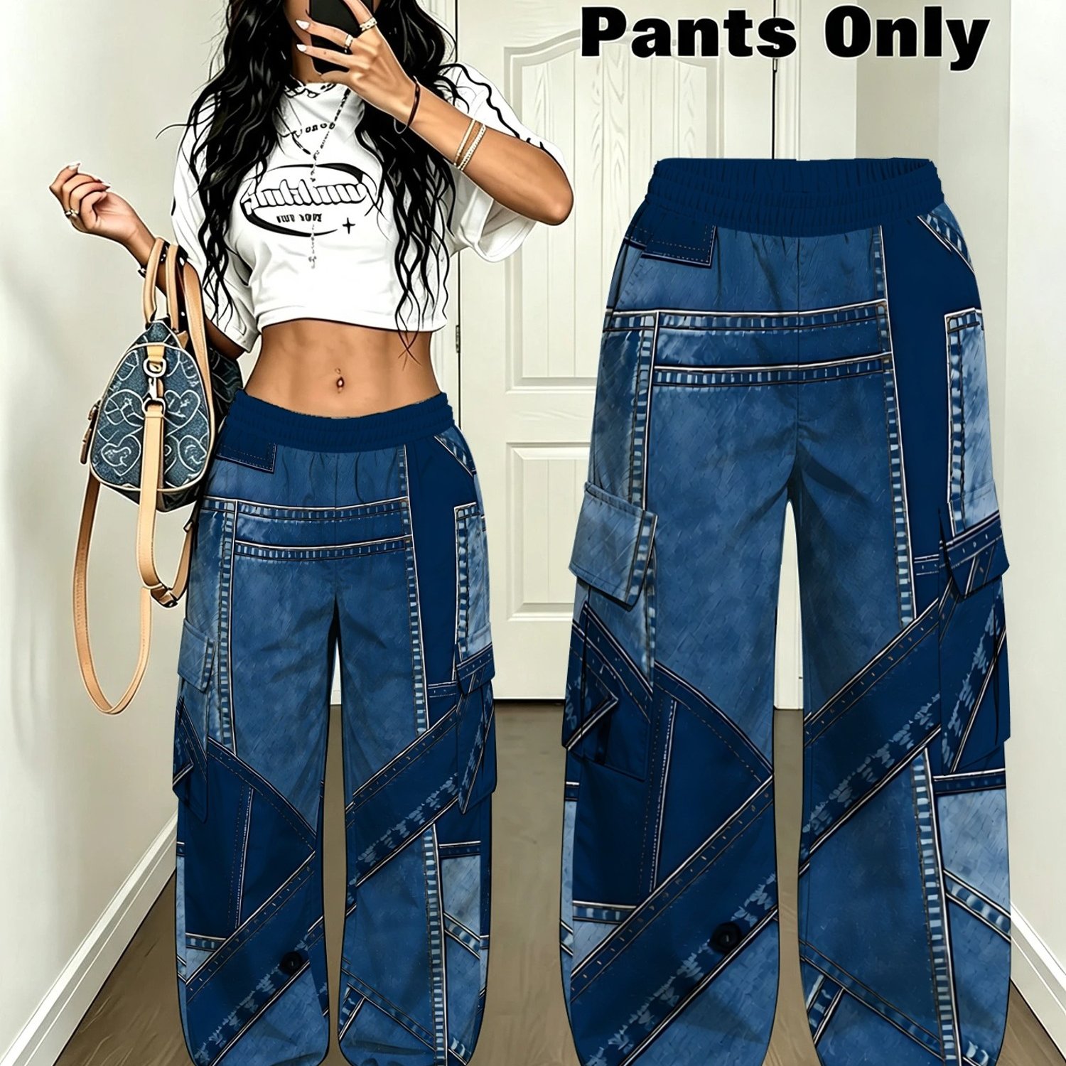 TEMU Pantalon cargo décontracté pour femme, imprimé motif jean bleu avec poches et design à chevauchement cousu, pour tenue décontractée quotidienne,