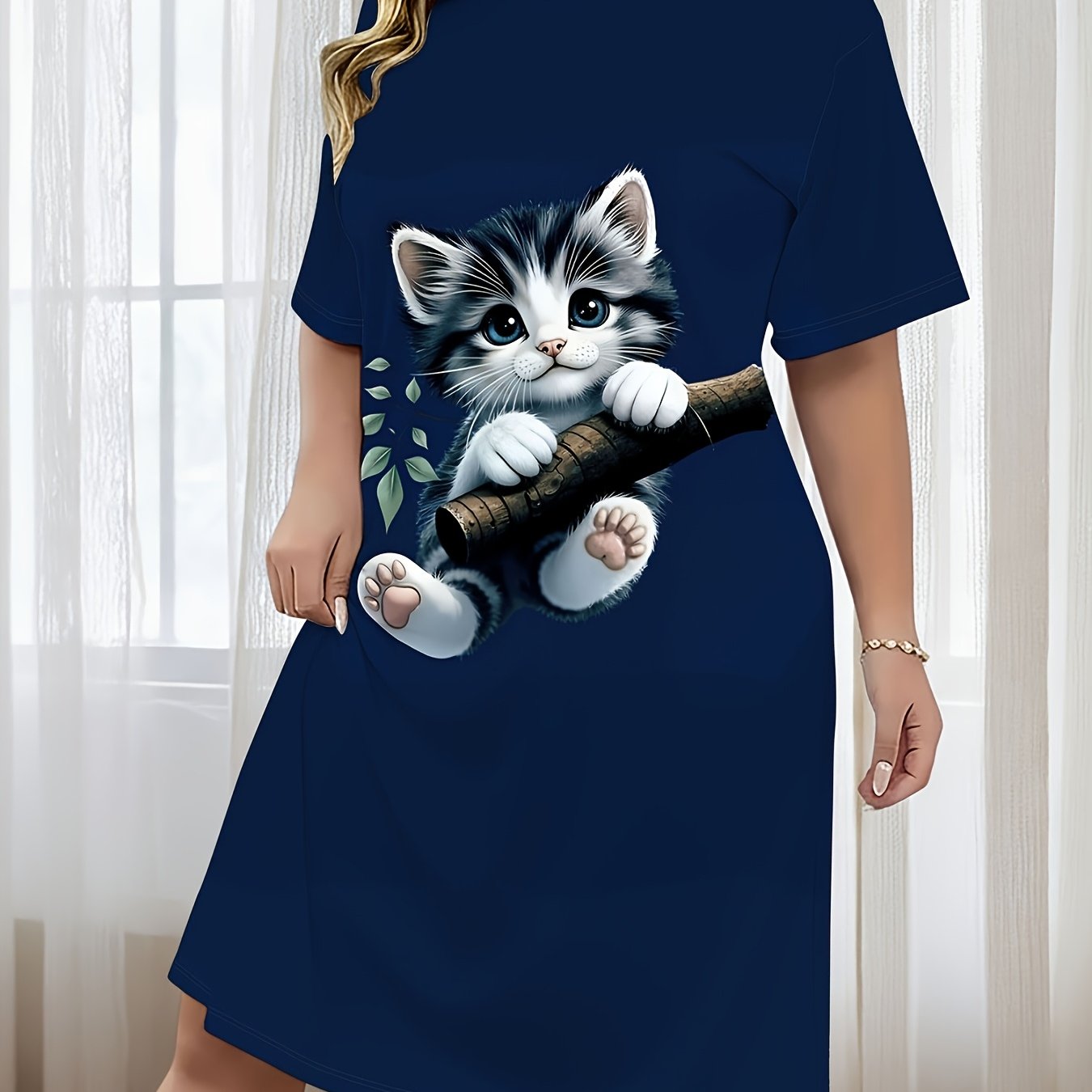 Image of New Plus-size Women's Print Nightgown On A Tree Trunk, Soft And Breathable Pajamas Suitable For , Short-sleeved With A Round Neck, Comfortable And Casual Loungewear, Perfect For Women