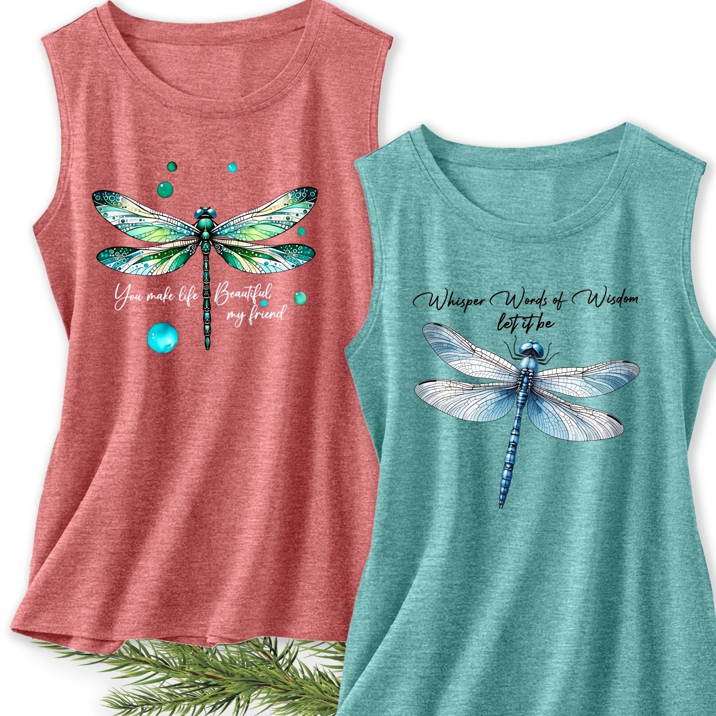 TEMU Vacation Clothing 2pcs Set Women's Elegant Vest With Painted Dragonfly And Text "you " Gift Series Print, Round Neck Casual Top, Suitable For