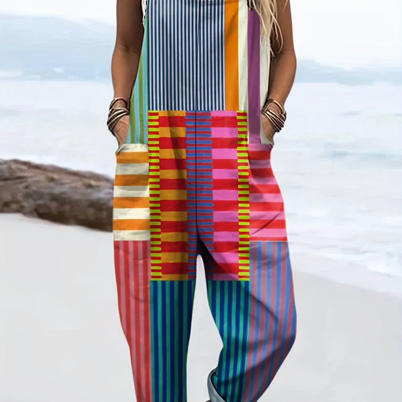 Summer Fashion Beach Jumpsuit Women's Multicolor Striped Pocket Square Collar Design Casual Straight Loose