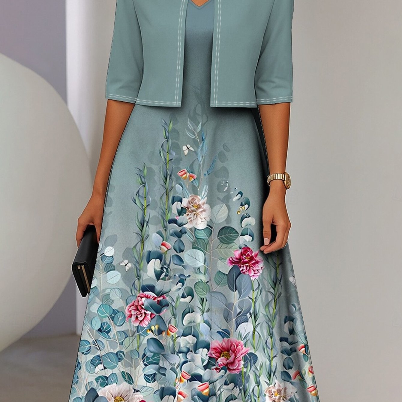 Plus Size - Plus Size - Plus Size Women' Piece Dress Sets Midi Dress With Jacket Elegant A Line Dress Half Sleeve Casual Semi Formal Ombre Floral Print Crew Neck Date Purple Regular Fit
