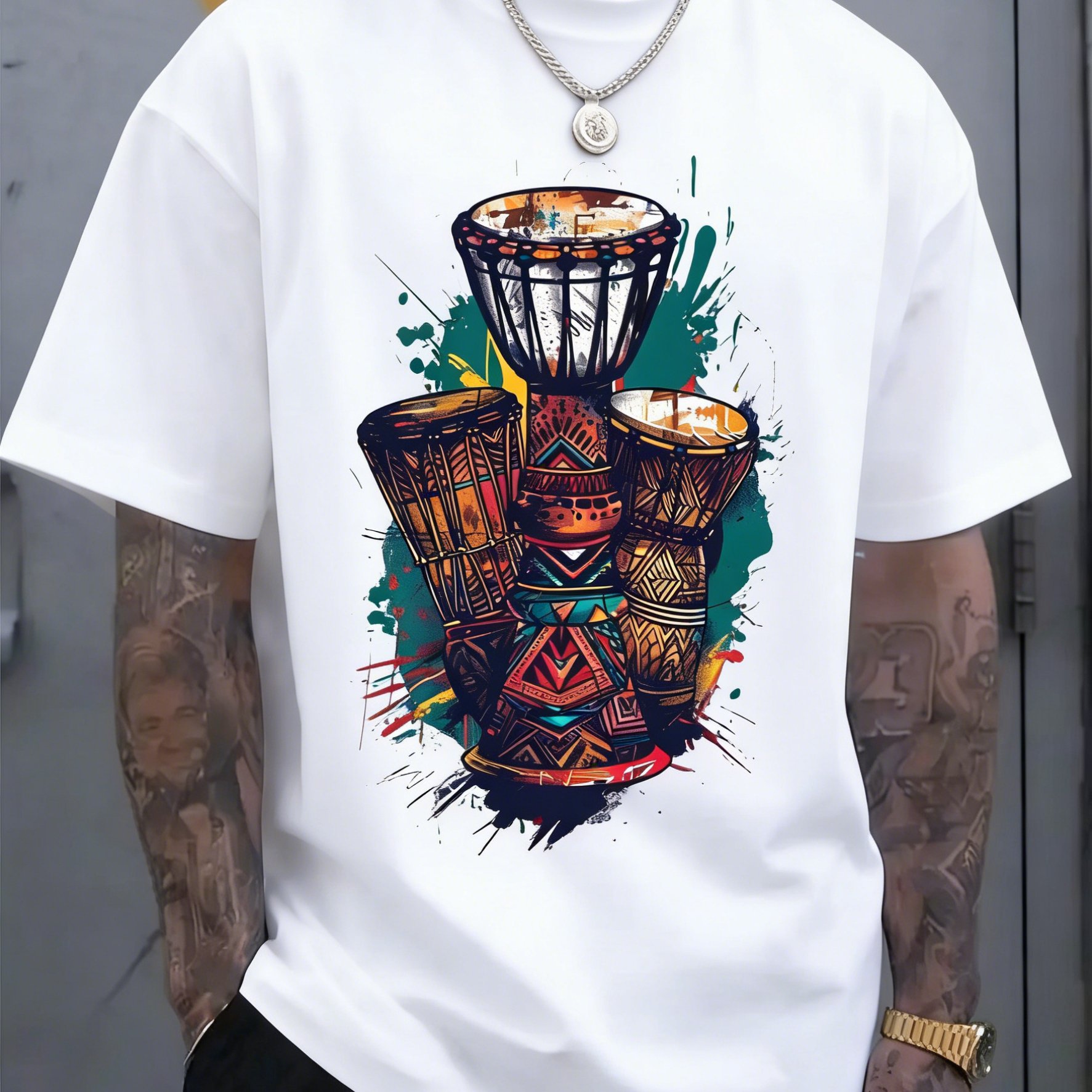 TEMU Men's Ethnic Style African Hand Drum 2d Printed Short Sleeve T-shirt, Summer Retro Top, Polyester Fiber Knit Fabric, Regular Pattern, Washable,