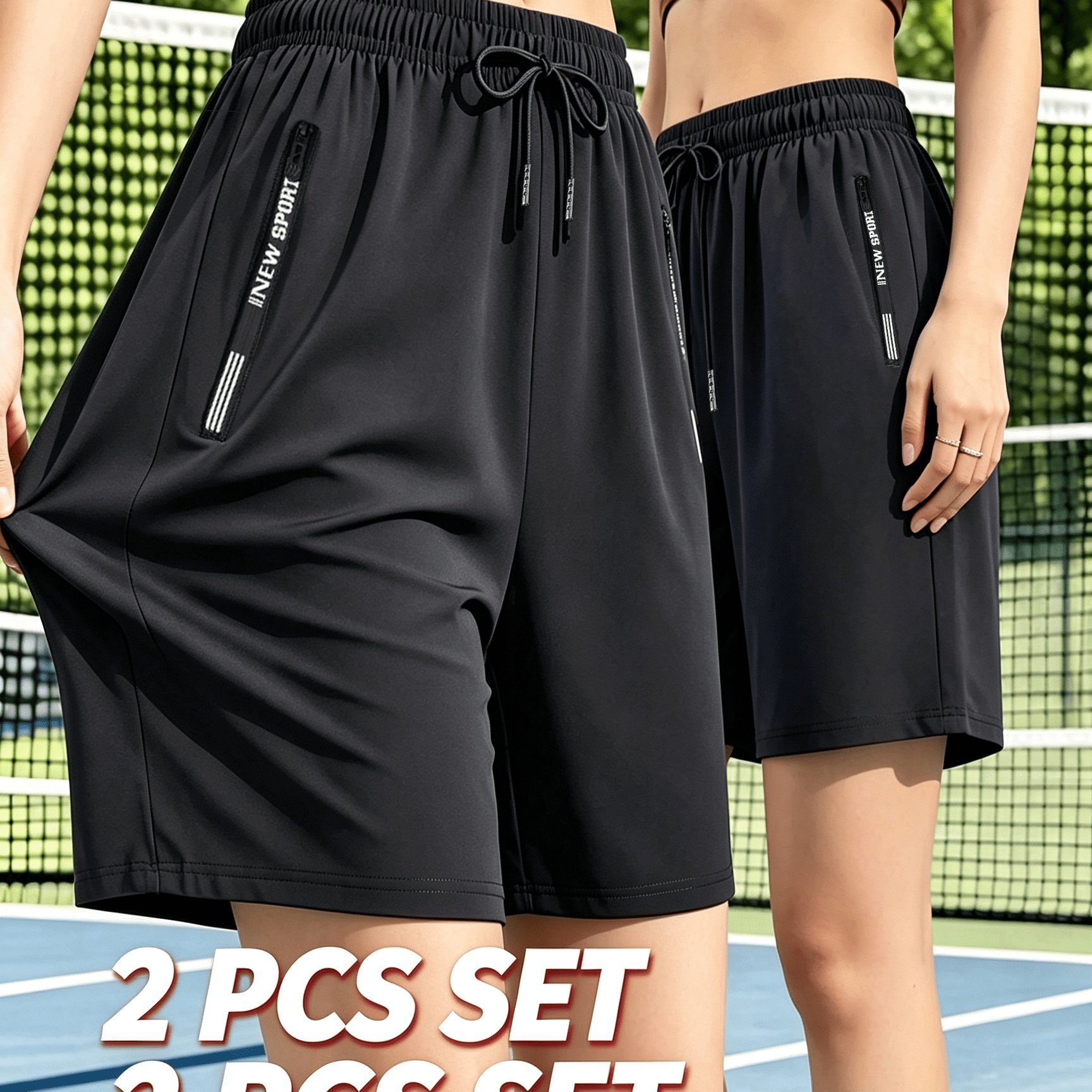 TEMU Summer Women's 2pcs Set Athletic Pants, Women's Capri Pants, Ice Stretch Fabric, Drawstring Elastic Waist With Zipper Pocket, Women's Casual