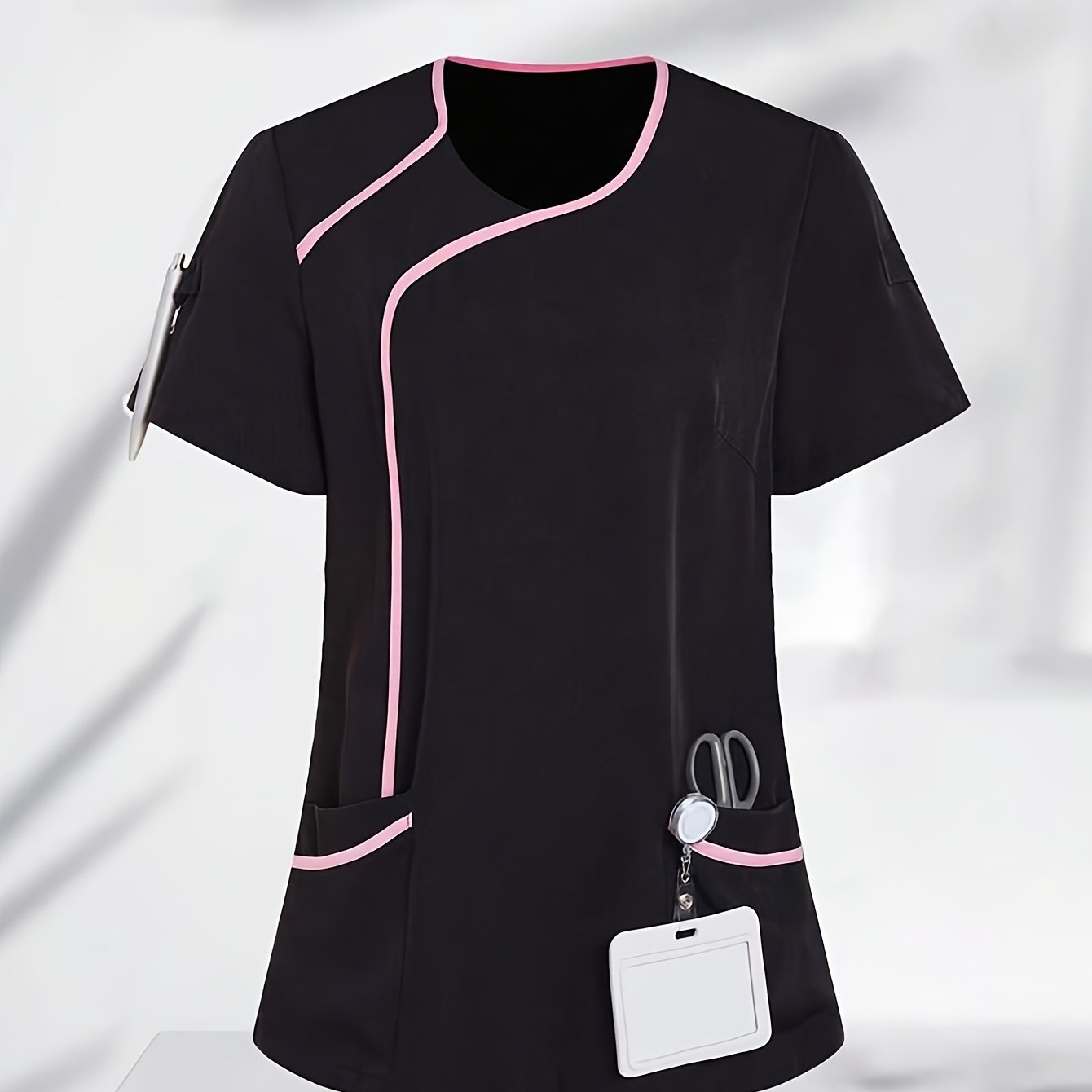 Fashionable Color-block Round-neck Multi-pocket Short-sleeve Top Workwear For Beauty Salons