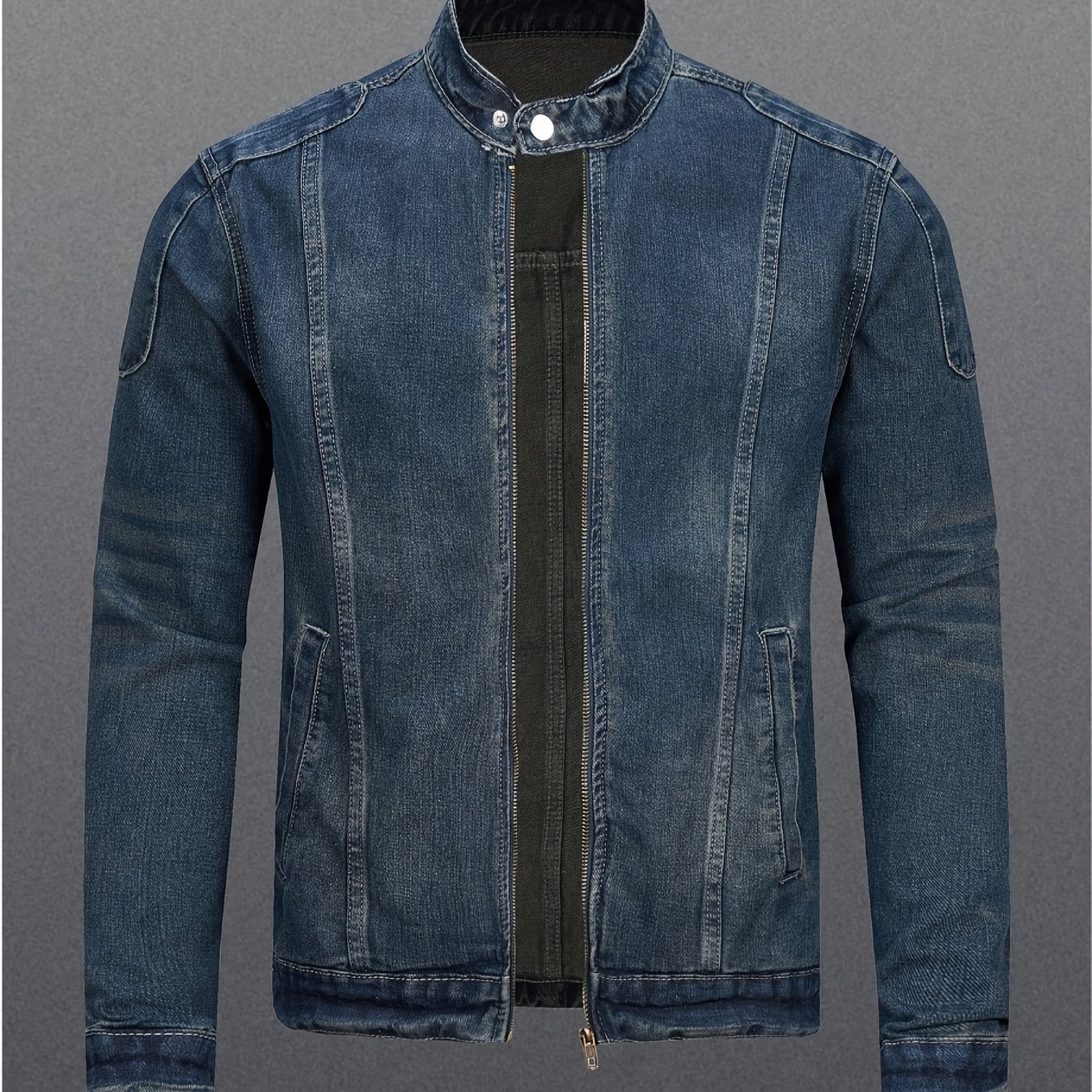 Image of Hme Stand-collar Fashionable Denim Jacket, Featuring Three-dimensional Tailoring And Design, Vintage Washed Non-stretch Material, Well- And Chic, Ideal For Different Casual Events
