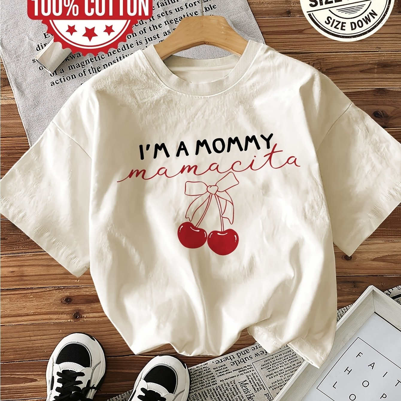 Summer Casual Women's Top, Sweet And , Cherry And Bowknot, 'i M A Mommy Mamacita' Print, Round Neck Pure Short Sleeve T-shirt, Ling K