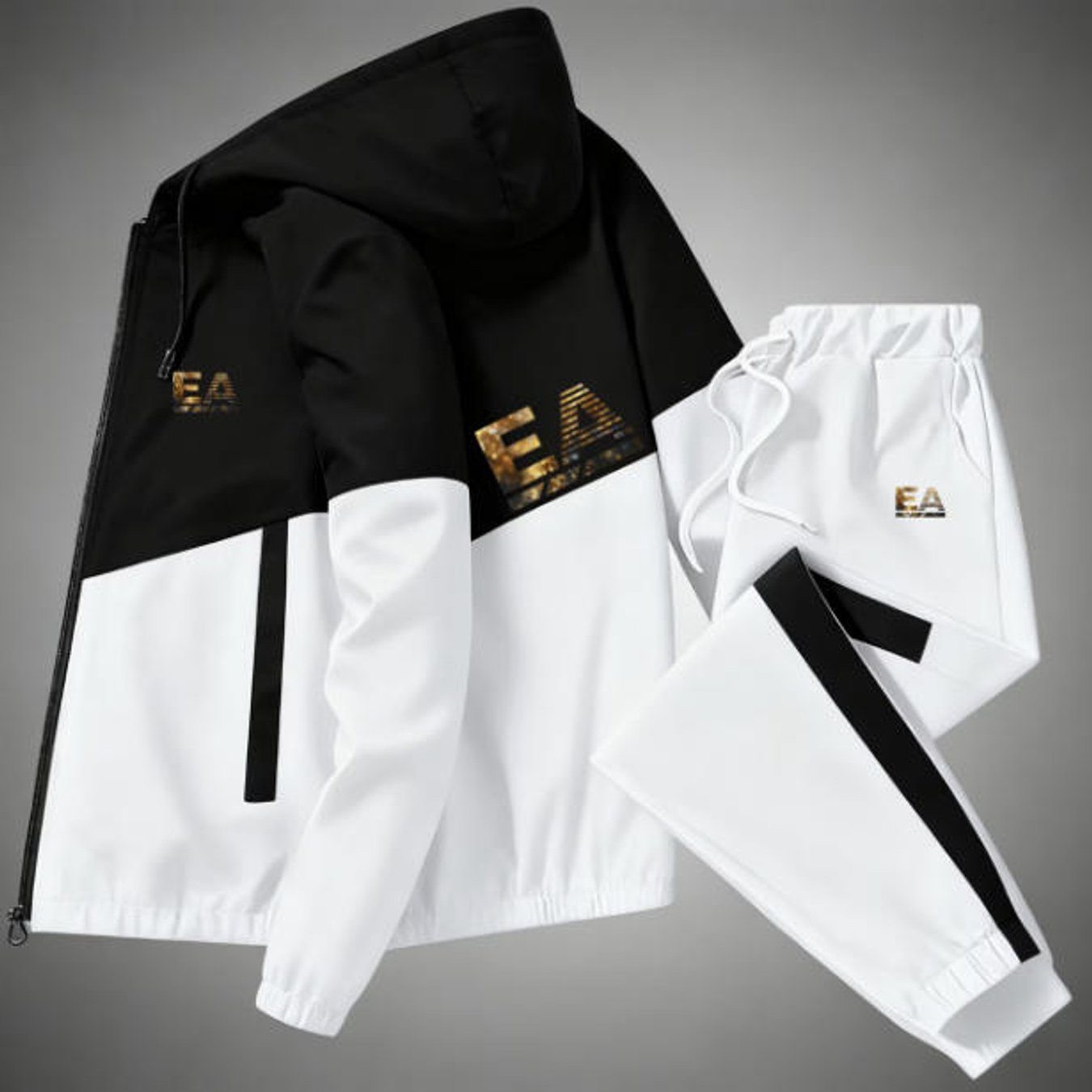 Image of Hooded Tracksuit Set Orange Block Golden Ea Graphic Men's Fashion Fall Winter Street Style Casual Sportswear For Adults Men Daily Wear Holiday Gift
