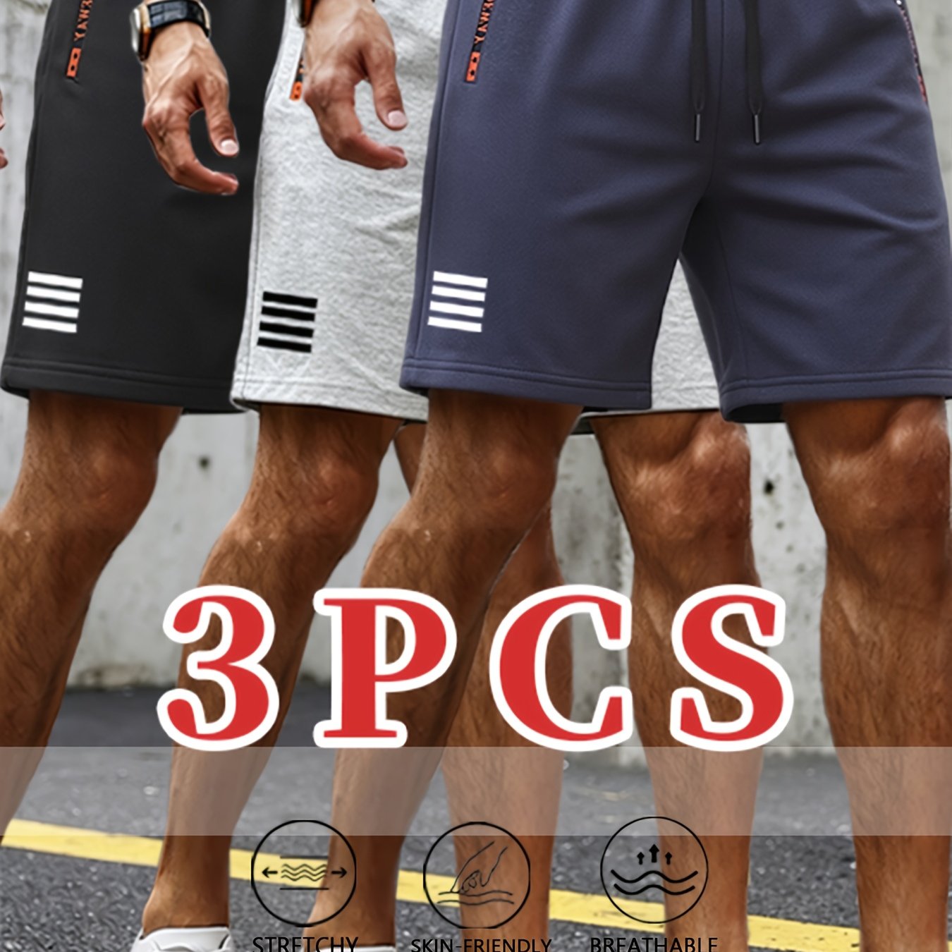 Image of 3-pc Teenager's Reflective Print Shorts - Letter Zipper Pockets, Easy & Stylish, Versatile For Sports & Casual Wear, Streetwear Essential, For Outdoor, For Teenager