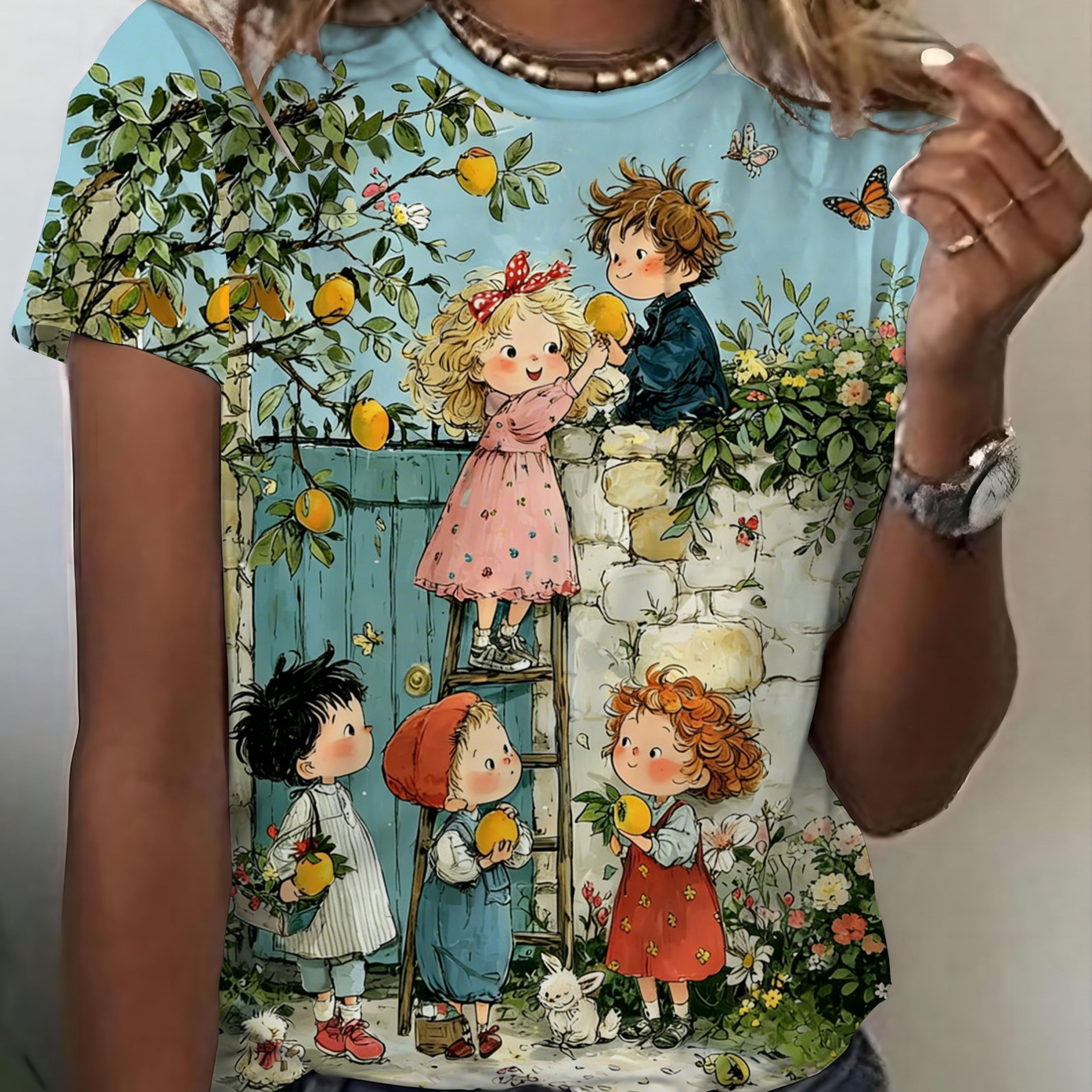 TEMU Pastoral-style Whimsical Lemon-picking Print Women's Short-sleeve T-shirt, Sweet And , Women's Fashionable Casual Top, Stylish And Casual