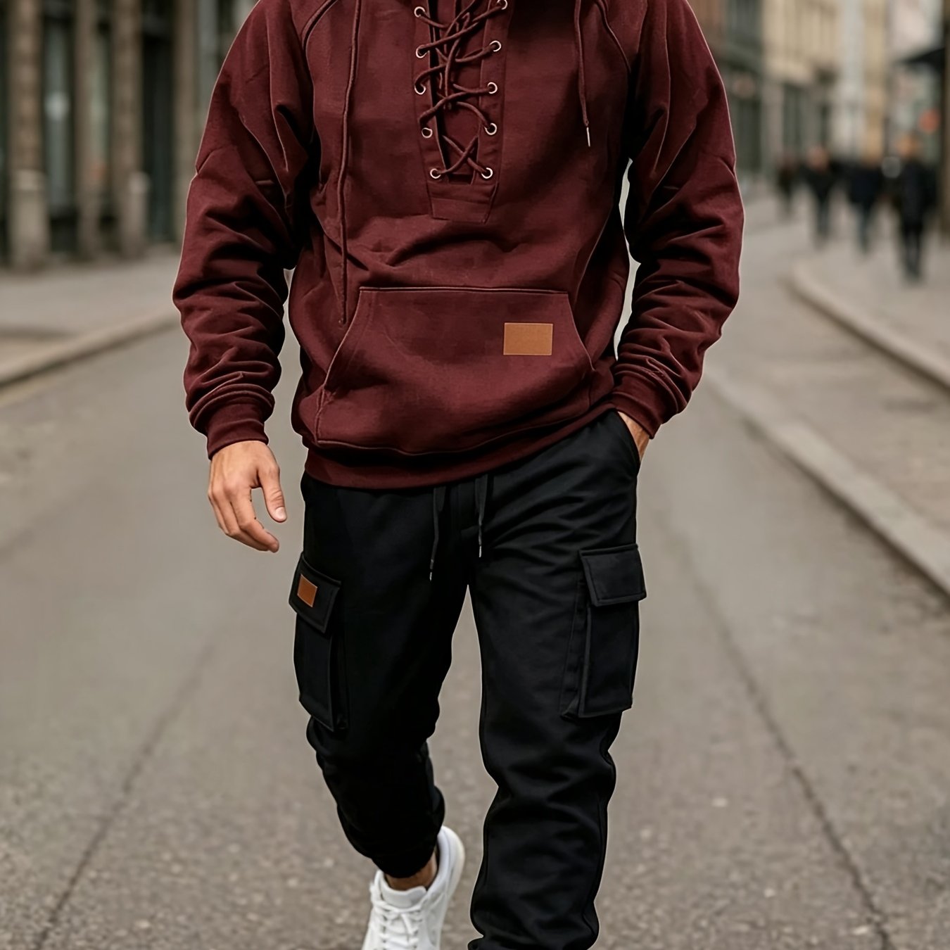 TEMU Autumn Winter Style Chest Hoodie And Trendy Cargo Multi-pocket Ankle-cinching Long Pants Men's Novelty Set