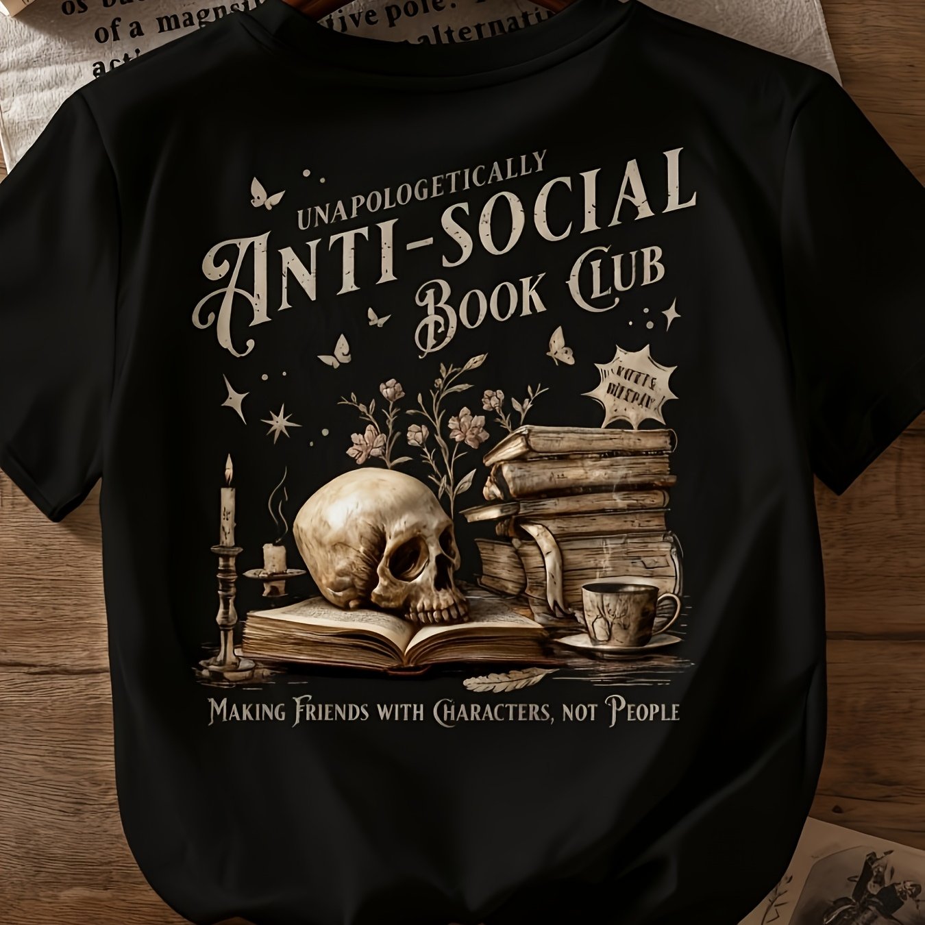 TEMU Women's Anti-social Book Club Slogan T-shirt - Book Tee With " Anti-social" & "book Club" Print, Bookworm Design (skull/teacup/butterflies) -