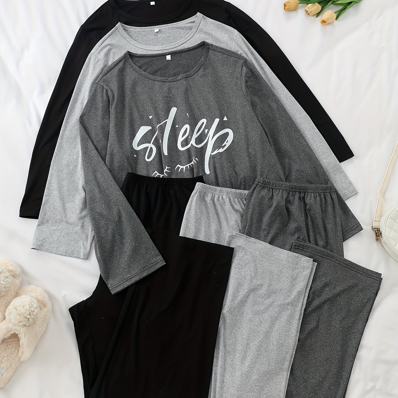 Image of 3 Sets Plus Size Casual Pajama Set, Women's Letter Graphic Long Sleeve Crew Neck Top & Pants Loungewear Set For Fall & Winter