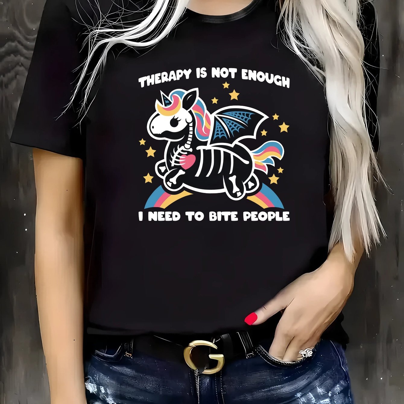 TEMU Plus Size, Unicorn Pattern "relax ...bite People" T-shirt, Short Sleeve Crew Neck Plus Size Women's T-shirt, Suitable For Spring/summer,