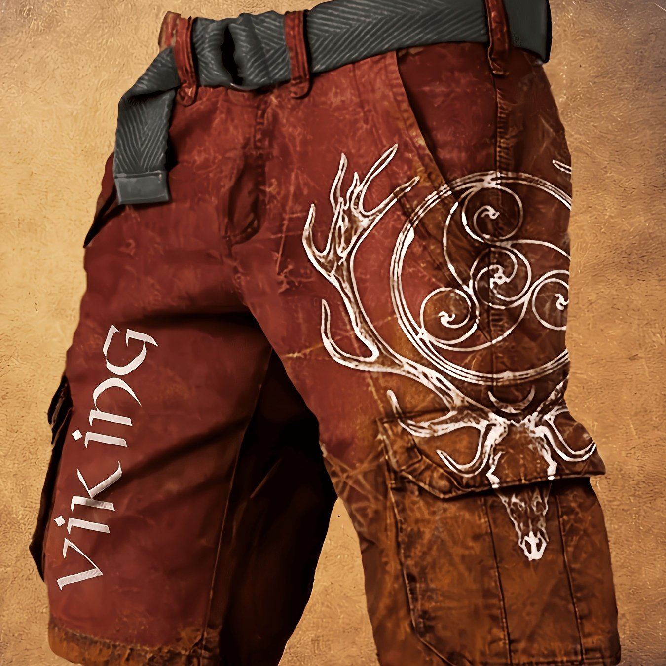 Image of Men's Vintage Cargo Shorts, Beltless Multi-- Loose Straight Outdoor Pants, With Unique 3d Printing And Denim-like Technology, Made Of Quick-dry Polyester, Suitable For Indoor And Outdoor Wear