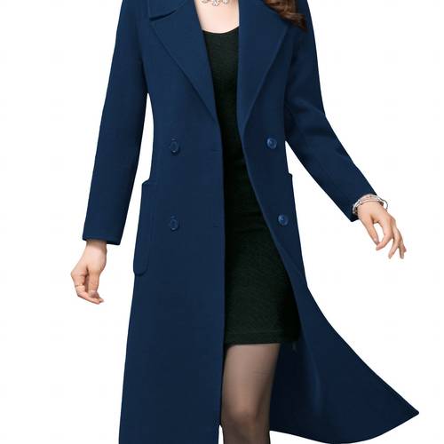 womens long solid lapel trench coat wool warm casual pea jacket