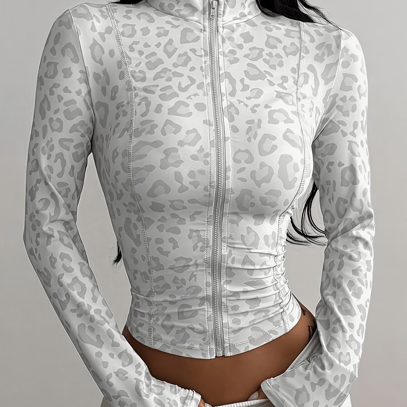 TEMU Light Gray Leopard Print Stand Collar Zipper Long Sleeve Top, Ruched Short Length Crop Top
