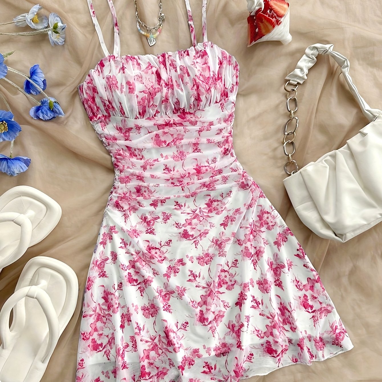 Image of 2025 Spring/summer New European And American Christmas & Valentine's Day French Floral Sling Dress Holiday Sling Dress Sexy