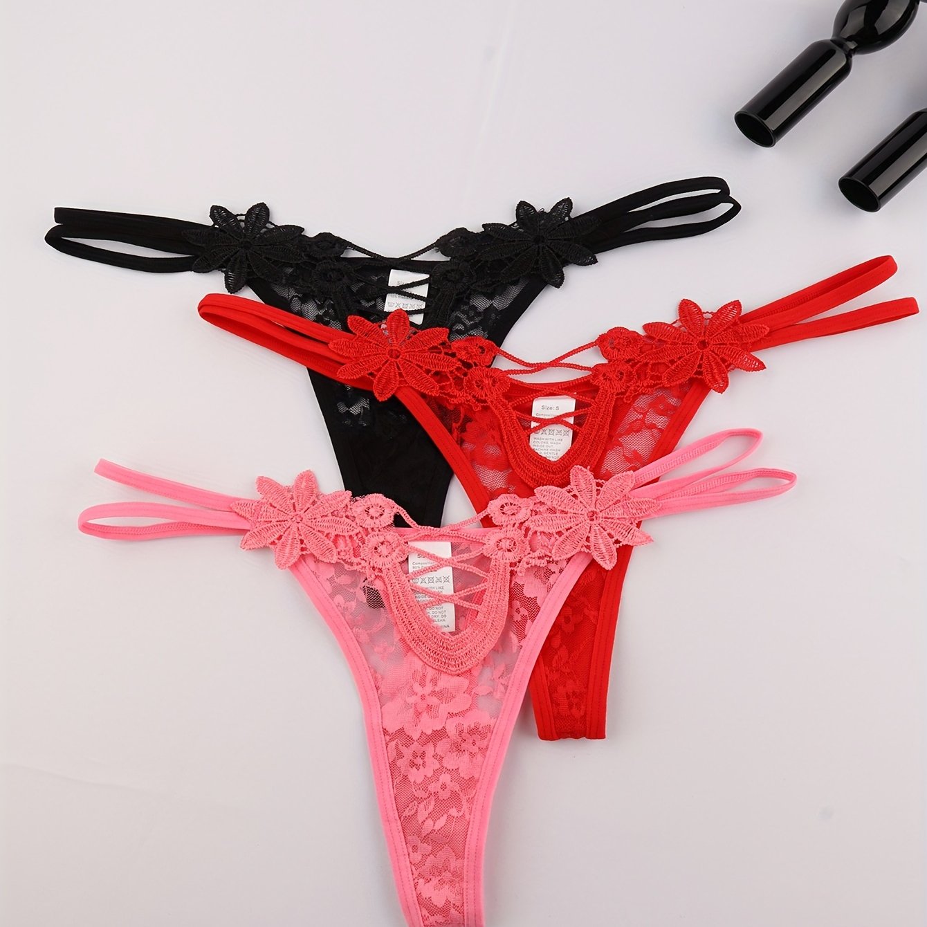 3-pack Sheer Low-rise Thong Underwear - V-string Panties With Cross-back & Embellished Net Cut-outs, Sexy Elegant For Types (hand Wash Only) - 3pcs Bulk Pack