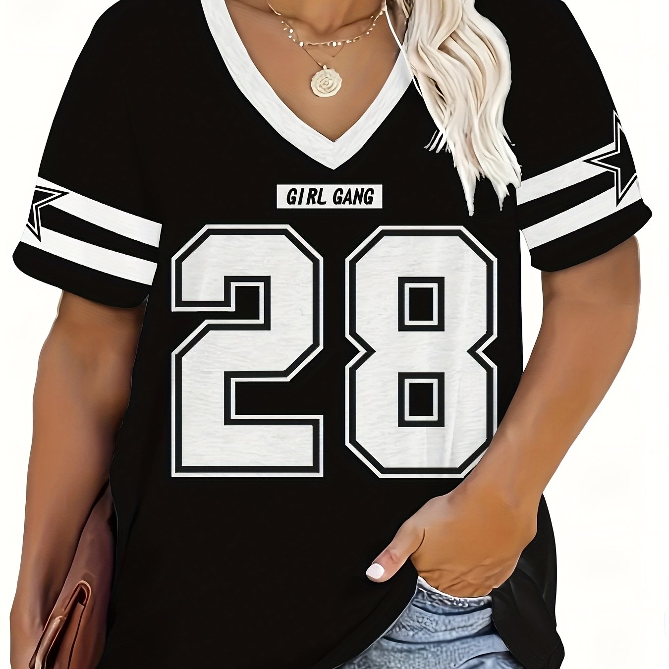 TEMU Plus Size - Plus Size - Plus Size Striped And Number 28 Print T-shirt, Casual Short Sleeve V-neck Top, Suitable For Spring Summer Wear, Women's