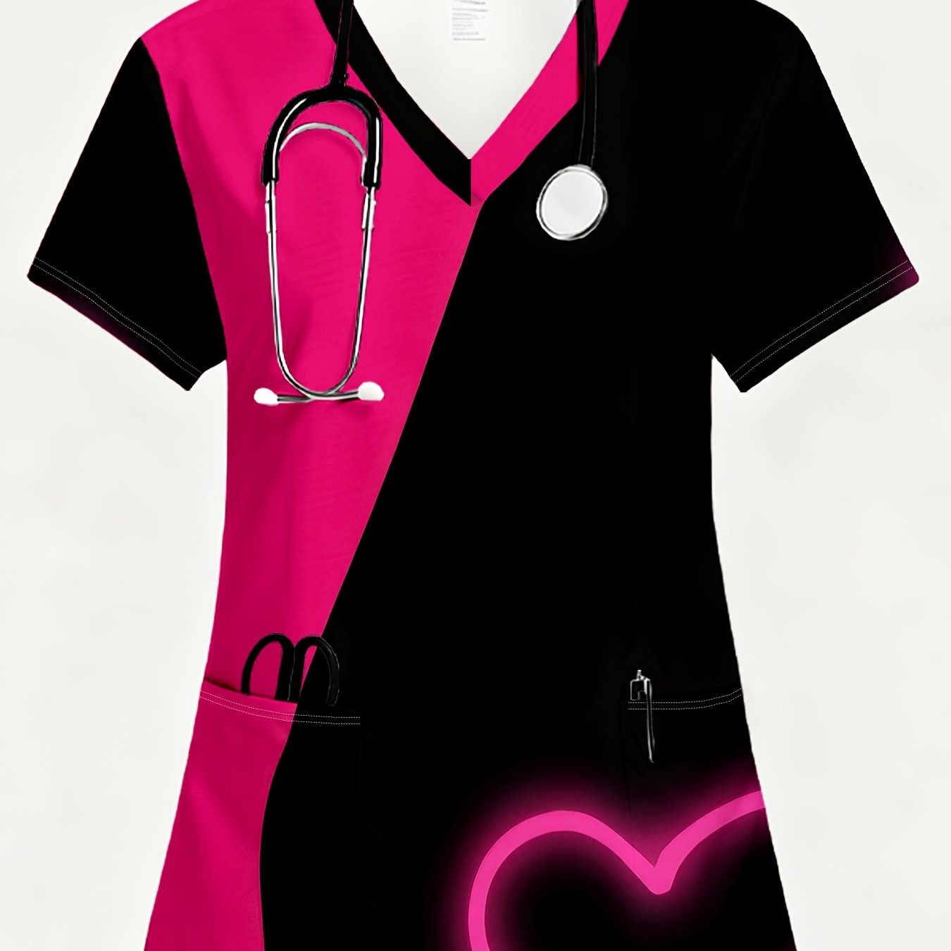 TEMU Women's Short-sleeve V-neck Nurse Scrubs With Pockets, Featuring A Modern Minimalist Style And High-definition Fashionable Printed Patterns. The