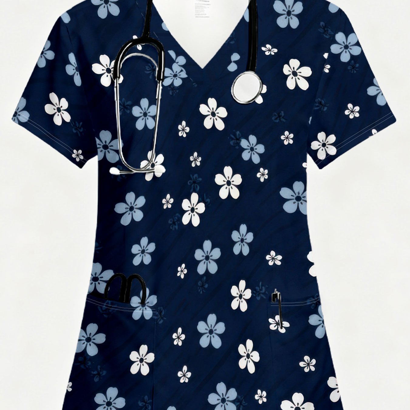 TEMU Women's Fashion Short-sleeve V-neck Nurse Uniform With Pockets, With High-definition Blue And White Floral Patterns. Versatile And Practical In