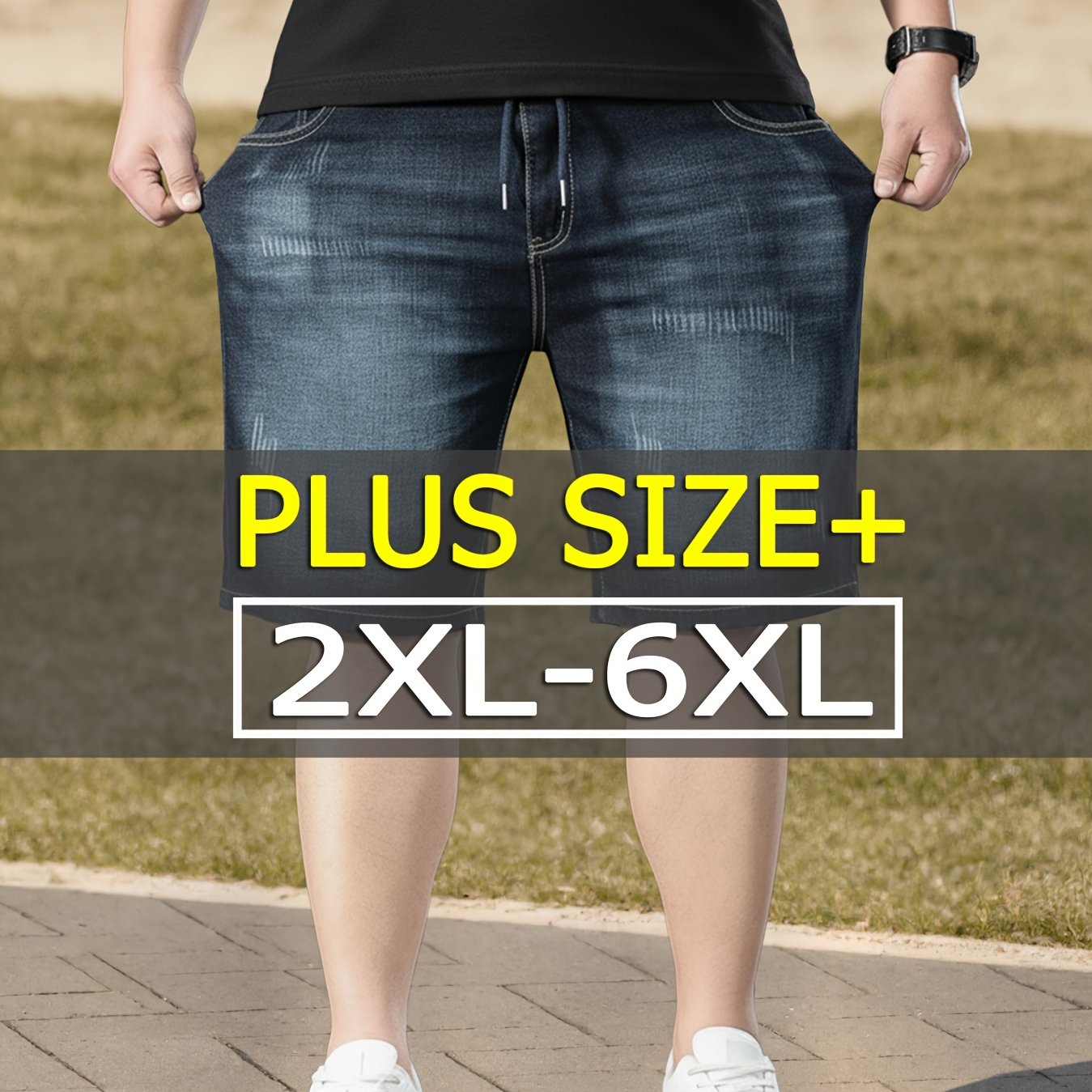 Image of Stretch Men's Plus Size Denim Shorts - Casual Drawstring Men's Knee-length Pants/elastic Waistband Denim Shorts For Men/2x-6x, Plus Size