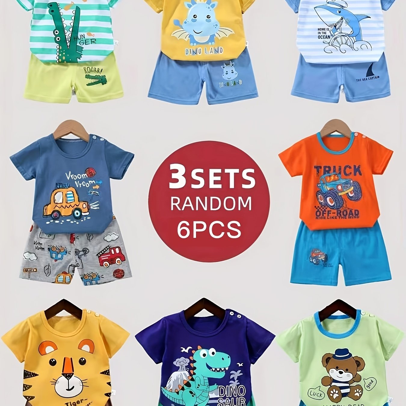 Image of 3 Sets Of Random Sets/6pcs Sets/male Baby Colorful Short-sleeved Shorts Set, Cute , Pure Fabric, Breathable And Not Stuffy, For Outdoor