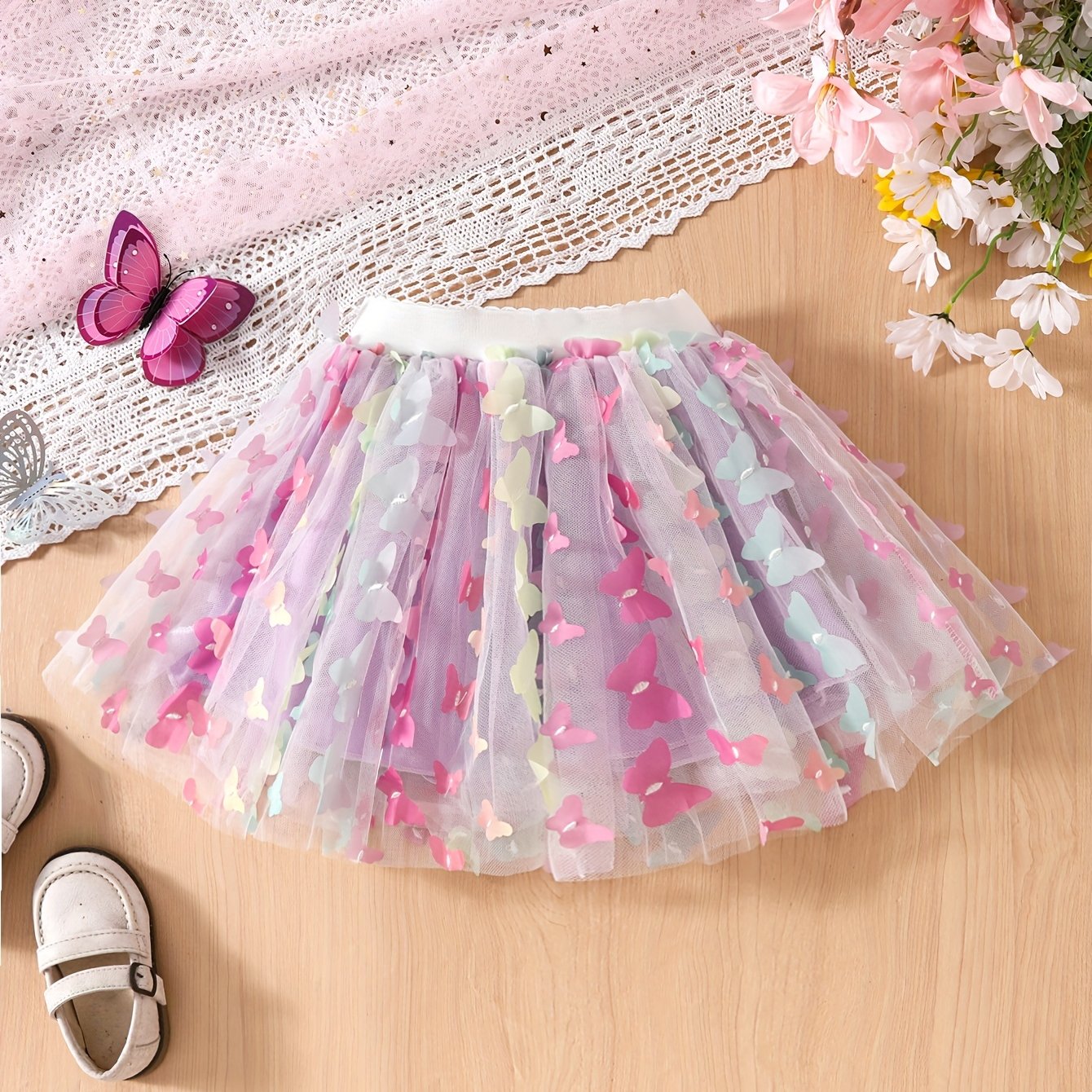 Image of Girls' 3d Gradient Skirt, Stylish Children's Tulle Tutu, Summer Short Skirt For Girls, Festive Birthday Pleated Rainbow Versatile Carnival Mesh Dress