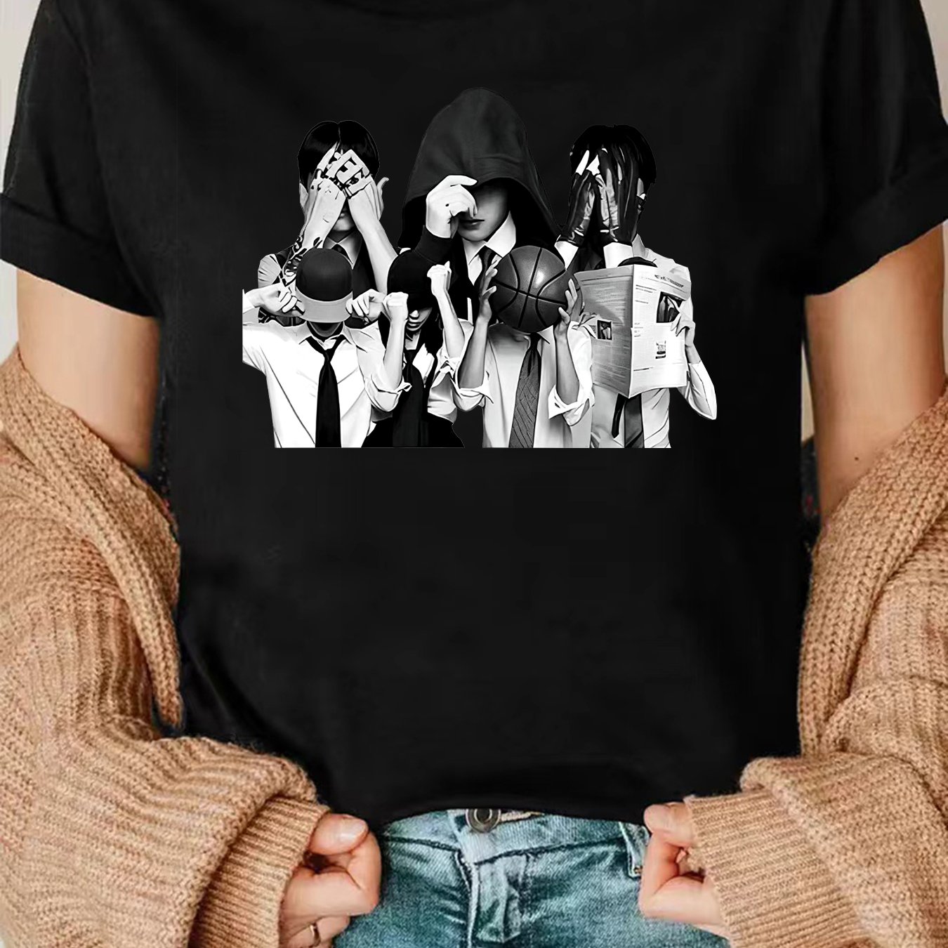 TEMU -men Group Black And White Portrait Print T-shirt - Women's Casual Crew Neck Short Sleeve Top, Soft Polyester, Loose Fit, Spring/summer Fashion