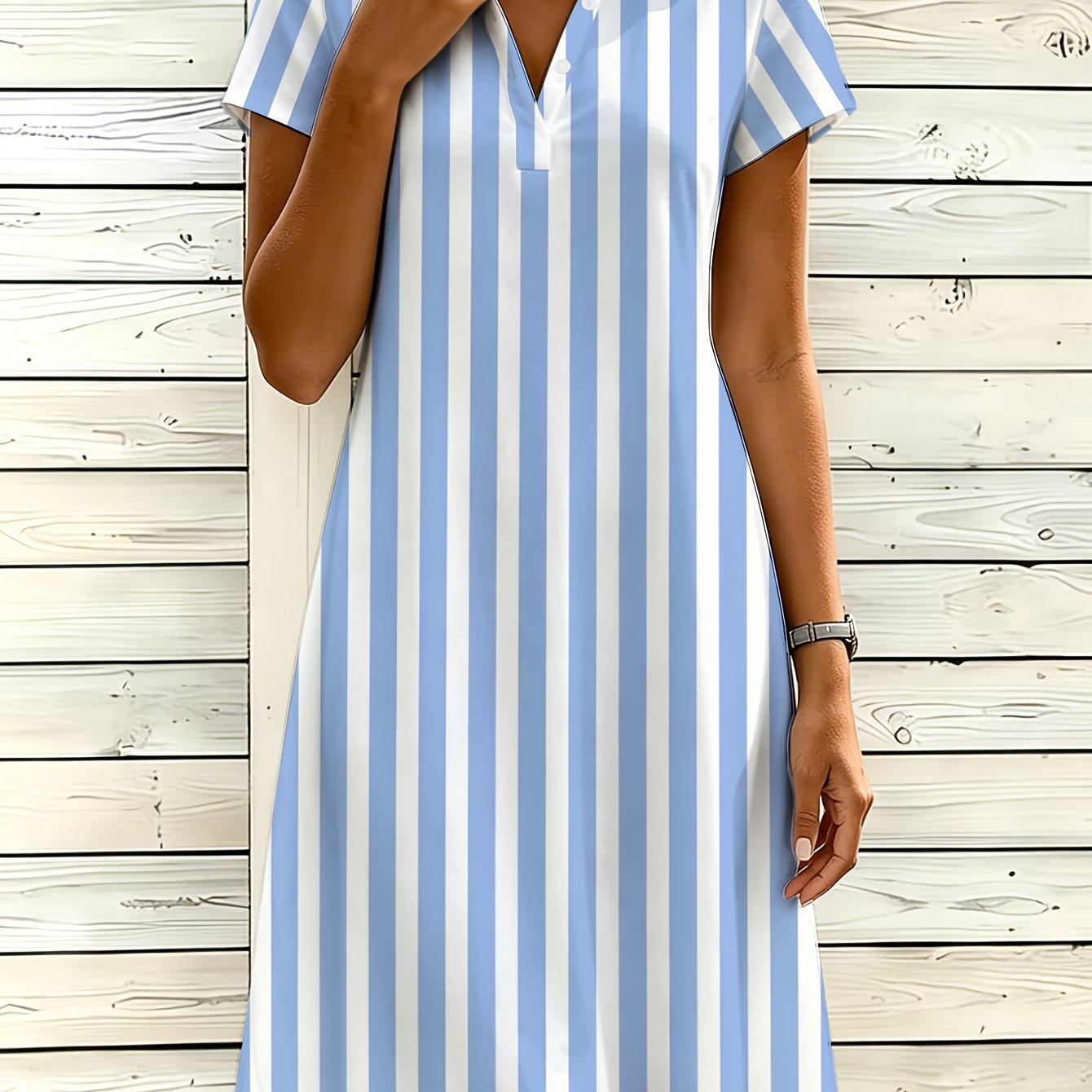 Image of Plus Size - Plus Size - Women's Fashion Shirt Dress, V-neck Button Dress, Dopamine Color Block Striped Print