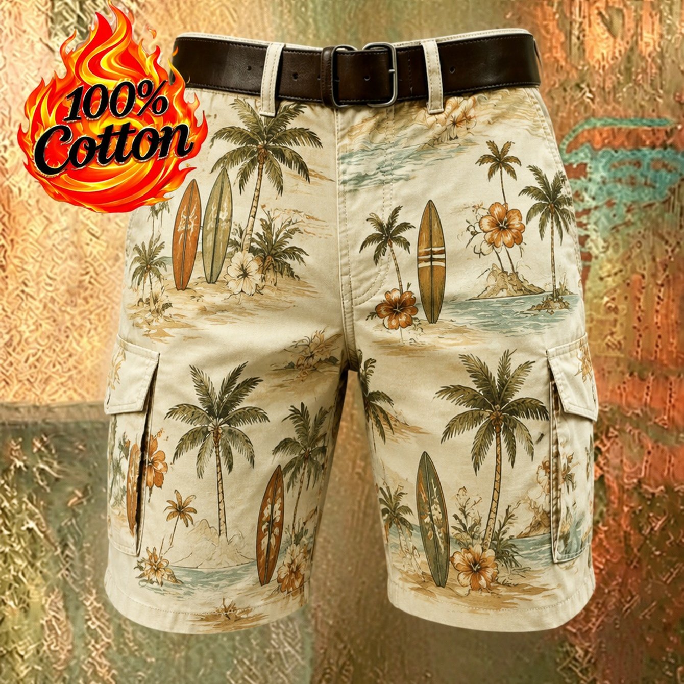 Image of 2026 Men's Fashion Cargo Shorts, Beach-inspired Floral Print, Multi-, Stylish Casual Wear For , Perfect For Weekend